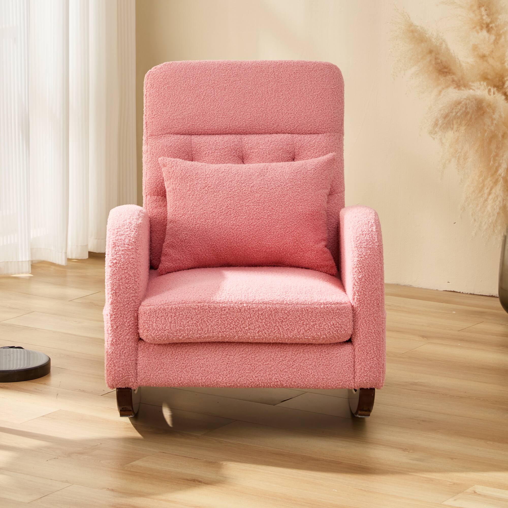 Alt View 4. U-HOMY - U-HOMY Rocking Chair, Solid Wood Glider with Ottoman, Pillow, and Blanket - Nursery and Living Room Rocker - Pink.