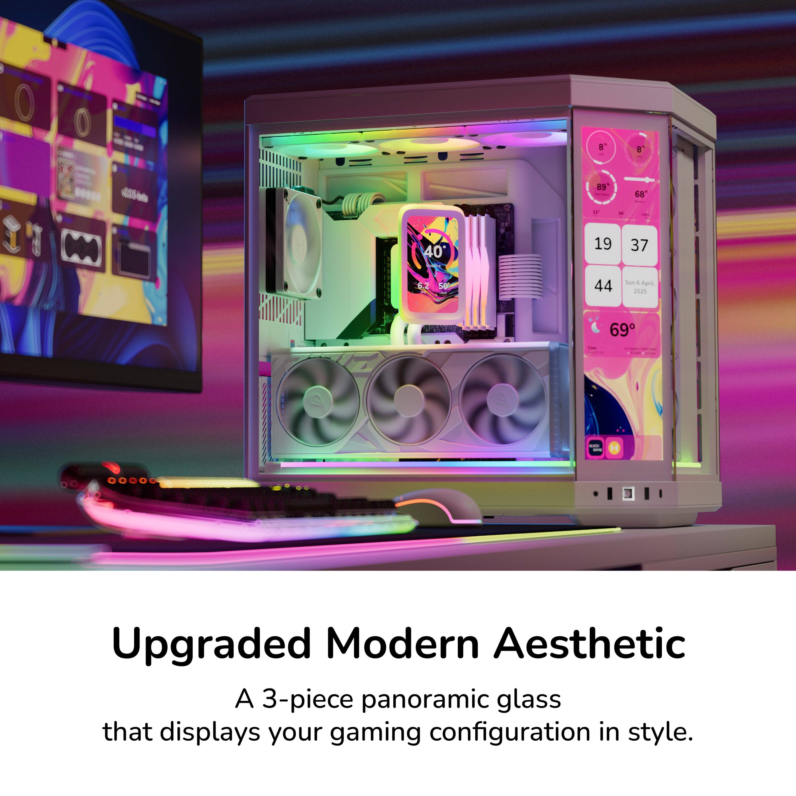Upgraded Modern Aesthetic  
A 3-piece panoramic glass that displays your gaming configuration in style.