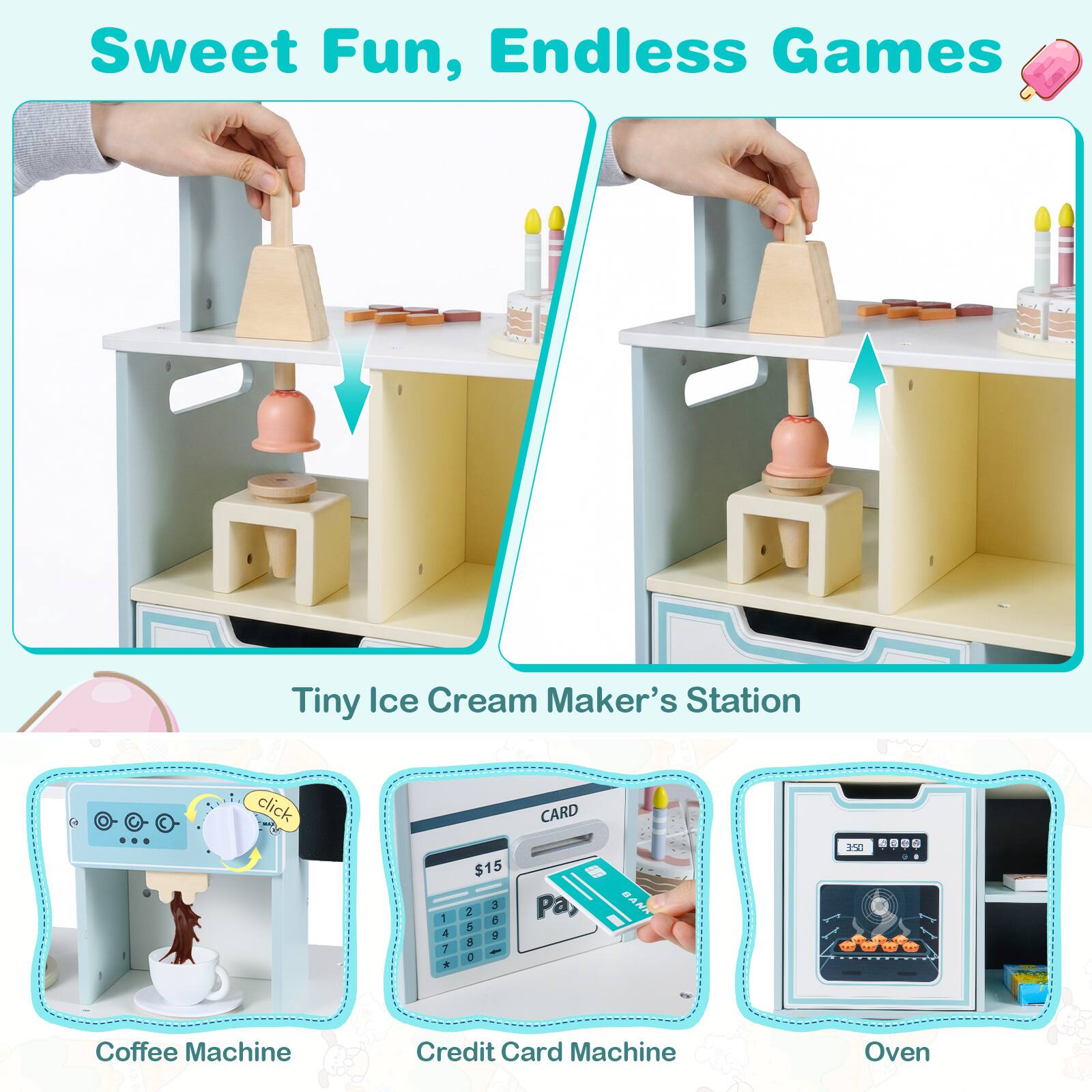 Sweet Fun, Endless Games

Tiny Ice Cream Maker's Station

Coffee Machine

Credit Card Machine

Oven
