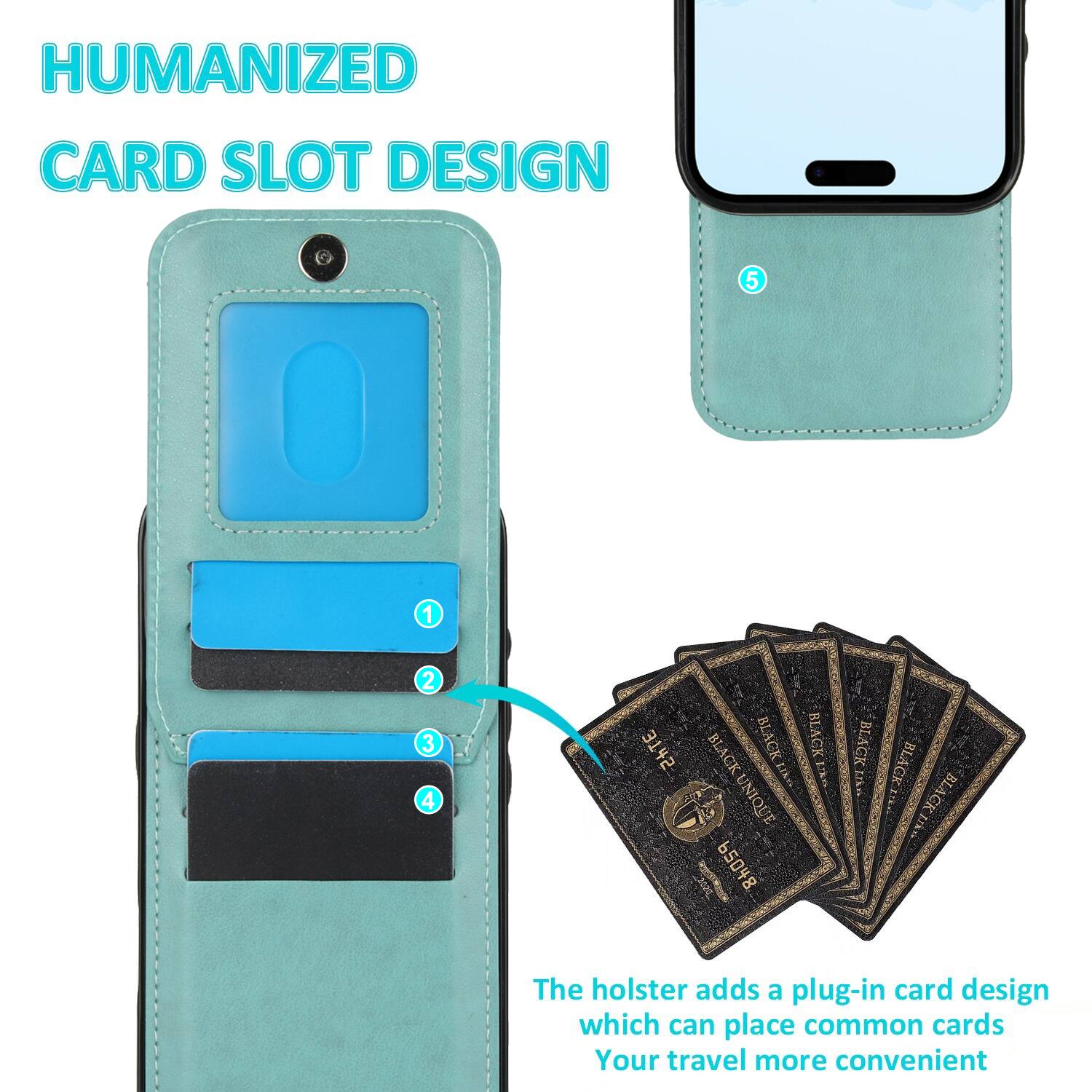 HUMANIZED CARD SLOT DESIGN

The holster adds a plug-in card design which can place common cards. Your travel more convenient
