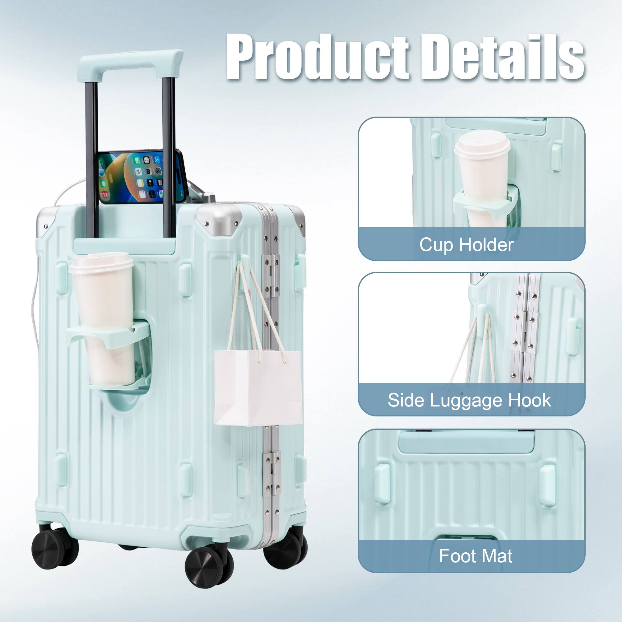 Product Details
- Cup Holder
- Side Luggage Hook
- Foot Mat