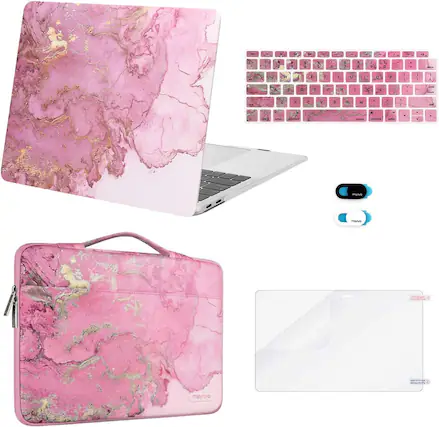 Front. mosiso - 5IN1 Kit for MacBook Air 13 inch Case M1 A2337 A2179 A1932 2021-2018, Case&Bag&Keyboard Skin&Webcam Cover&Screen Film - Pink Marble.
