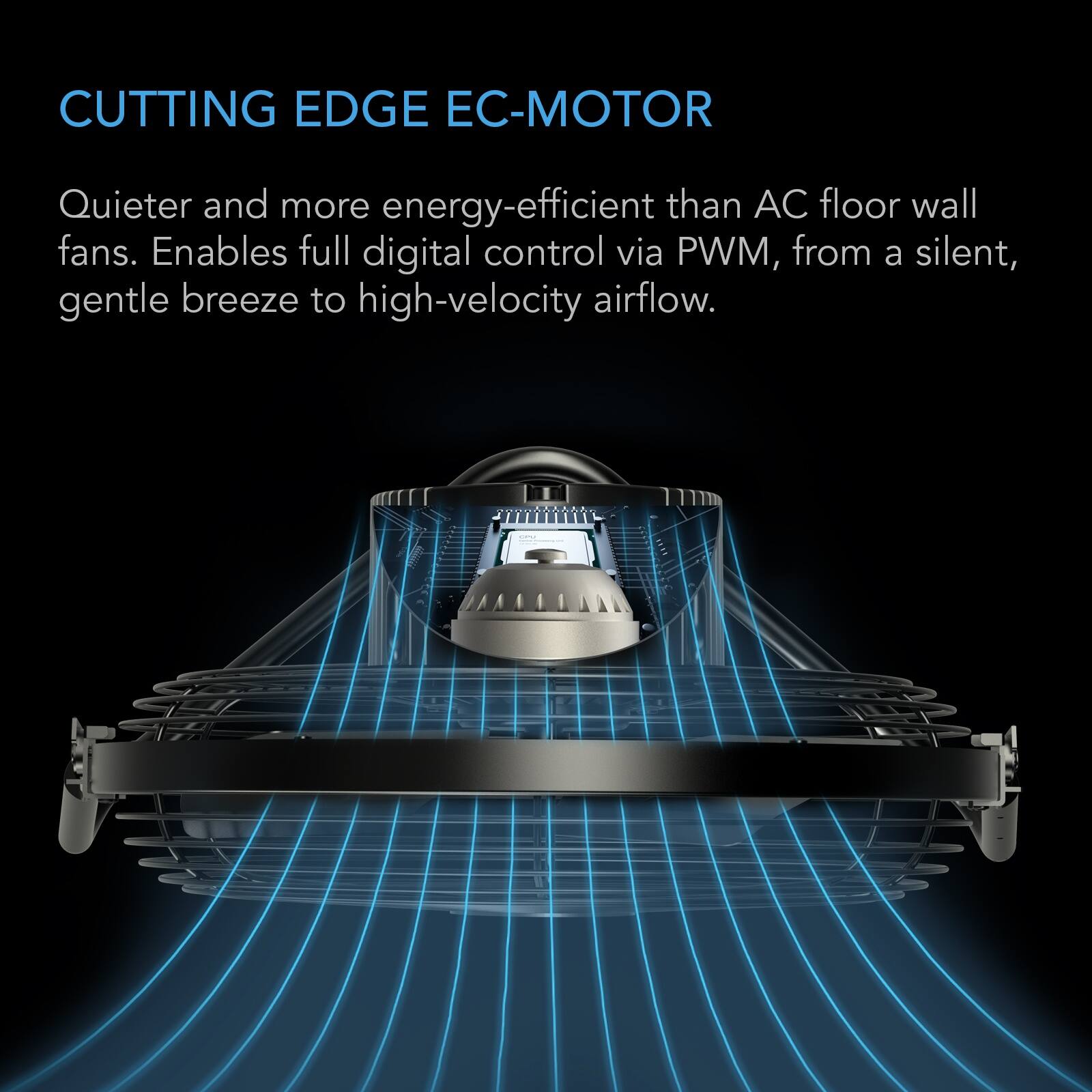 CUTTING EDGE EC-MOTOR

Quieter and more energy-efficient than AC floor wall fans. Enables full digital control via PWM, from a silent, gentle breeze to high-velocity airflow.