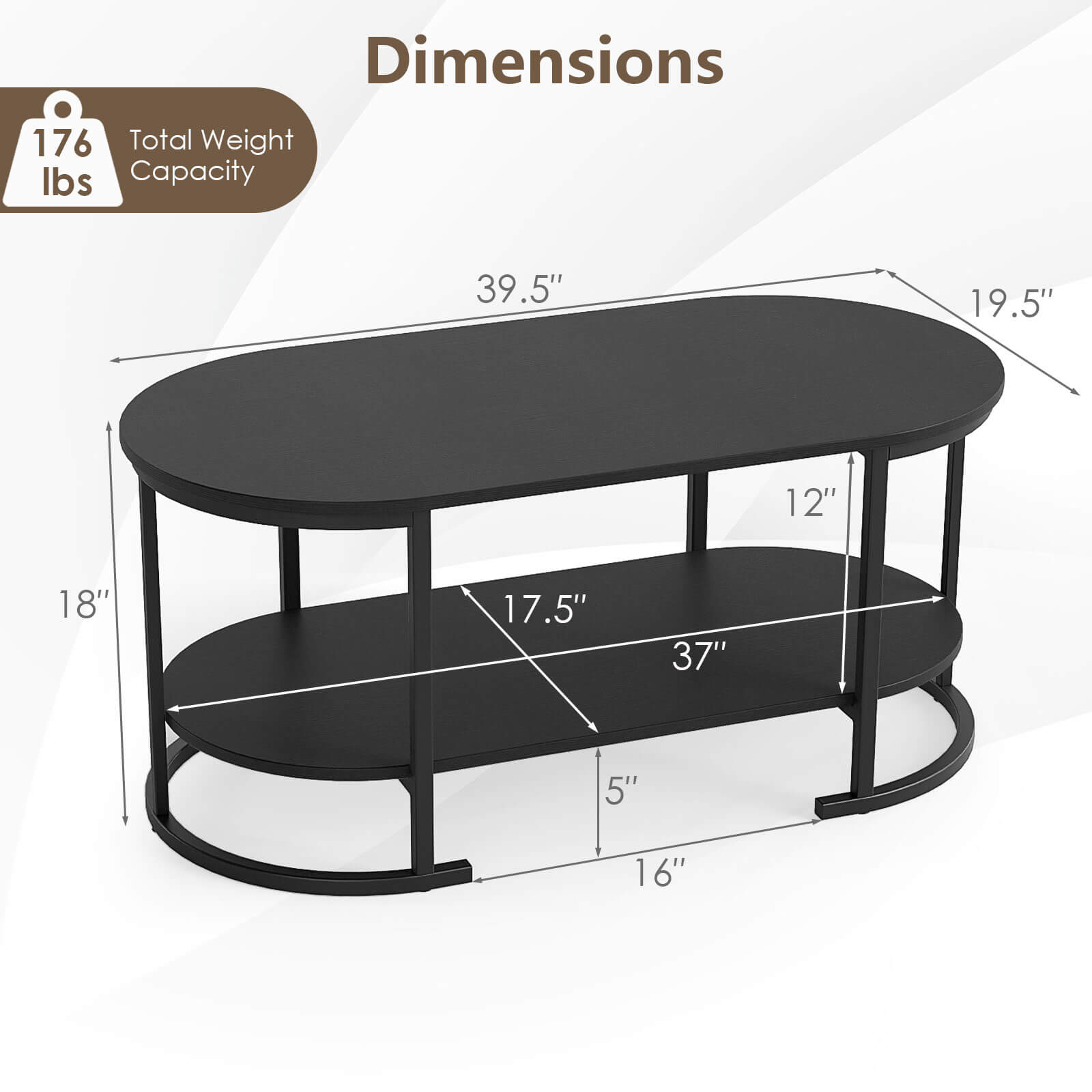 Dimensions  
- Total Weight Capacity: 176 lbs  
- Diameter: 39.5"  
- Width: 19.5"  
- Height: 37"  
- Shelf Height: 18"  
- Shelf Depth: 17.5"  
- Shelf Width: 12"  
- Bottom Shelf Height: 5"  
- Bottom Shelf Width: 16"