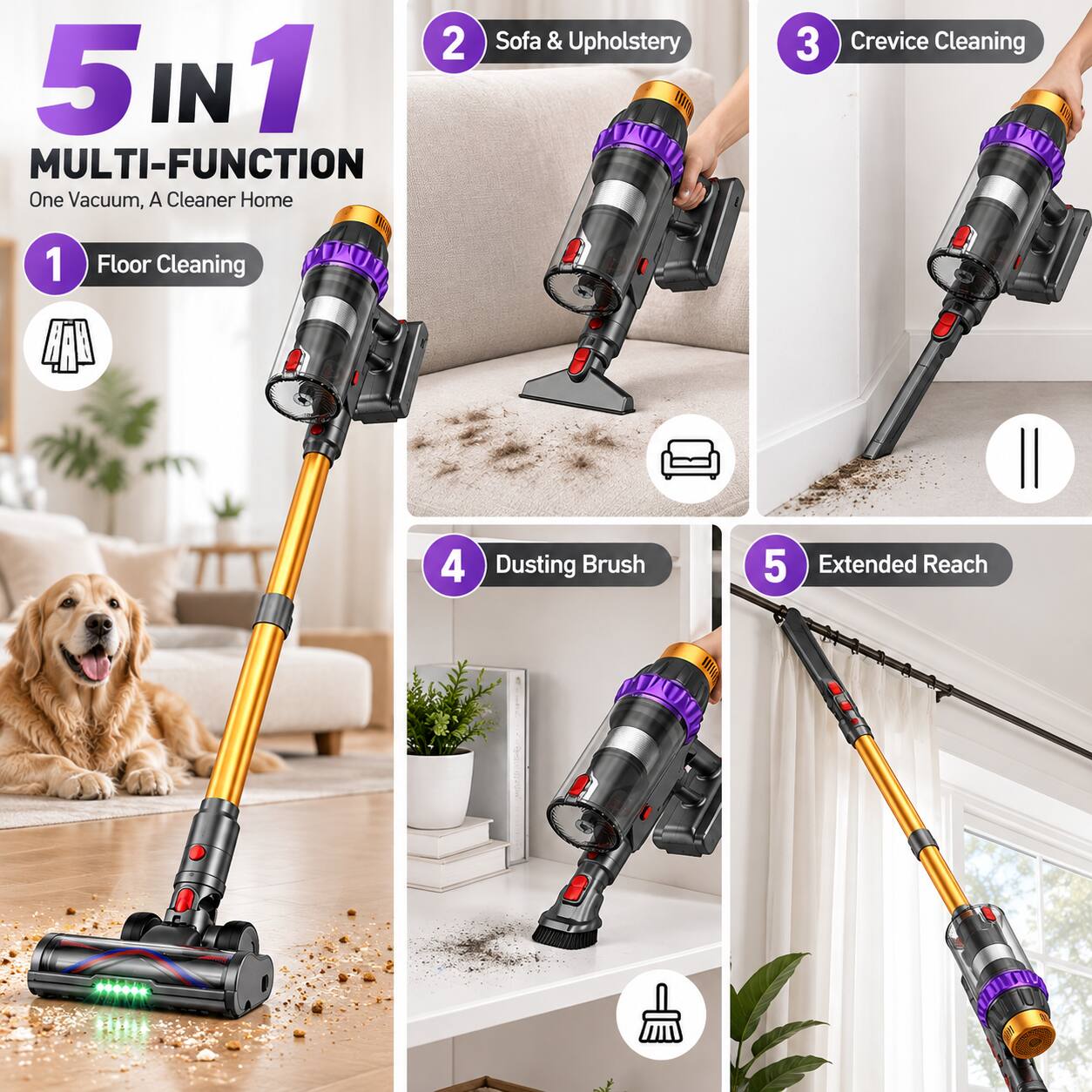 5 IN 1 MULTI-FUNCTION  
One Vacuum, A Cleaner Home  
1. Floor Cleaning  
2. Sofa & Upholstery  
3. Crevice Cleaning  
4. Dusting Brush  
5. Extended Reach