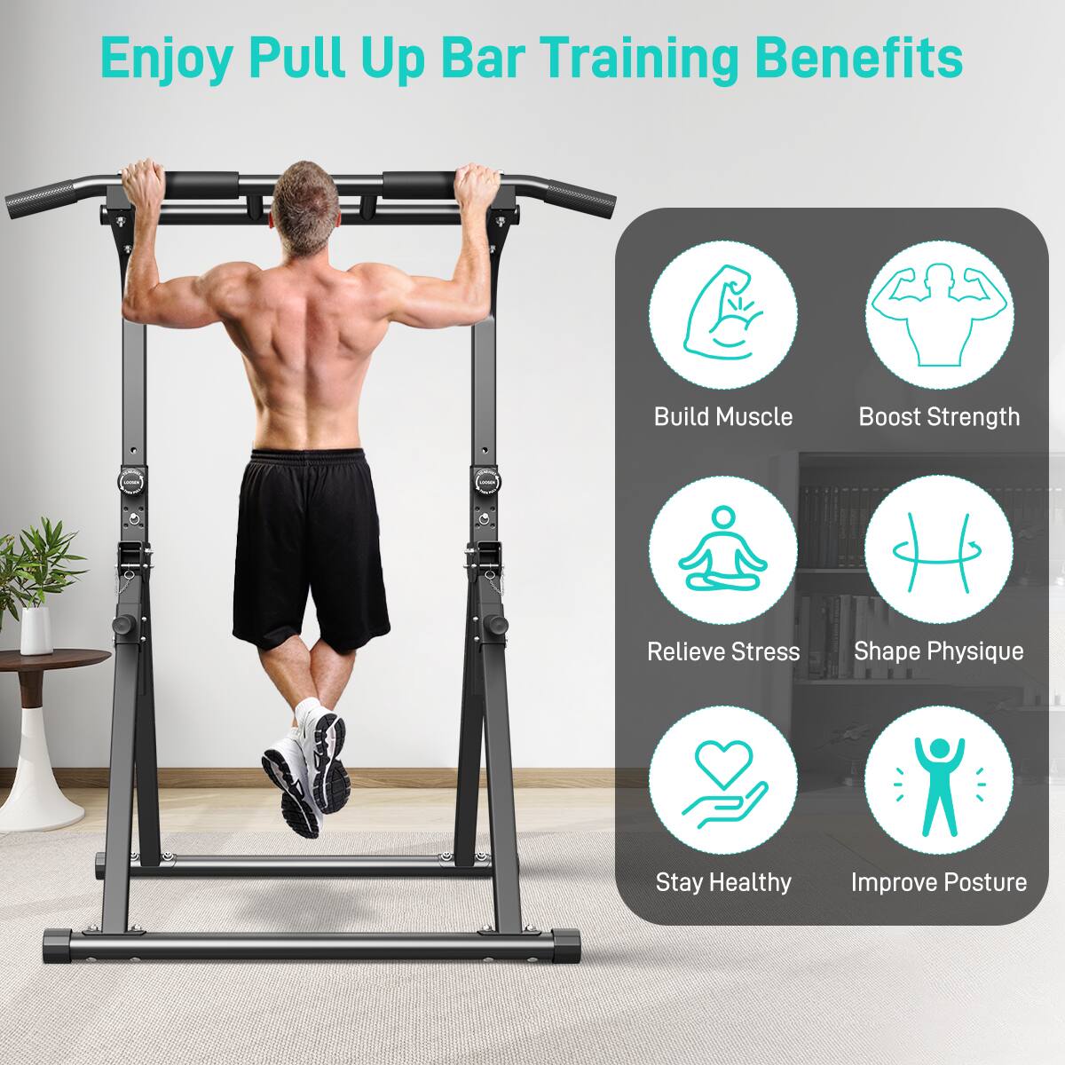 Enjoy Pull Up Bar Training Benefits

- Build Muscle
- Boost Strength
- Relieve Stress
- Shape Physique
- Stay Healthy
- Improve Posture