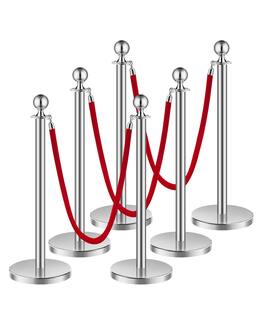 VEVOR - Stanchions and Velvet Ropes 6Pcs, Hollow Base with Stainless Steel Post, 3 Red Velvet Ropes and Posts - Silver red velvet