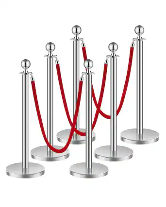 Front. VEVOR - Stanchions and Velvet Ropes 6Pcs, Hollow Base with Stainless Steel Post, 3 Red Velvet Ropes and Posts - Silver red velvet.