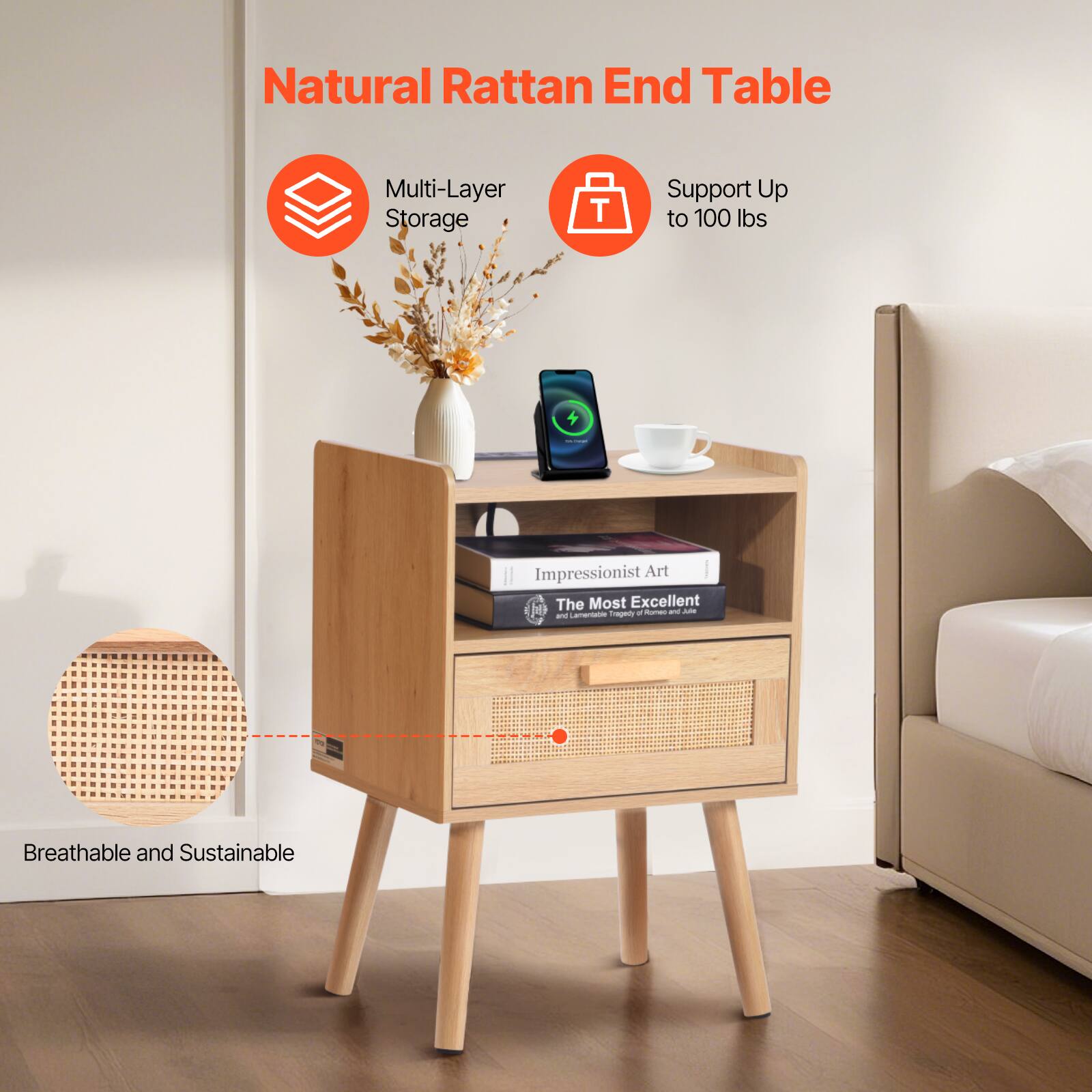 Natural Rattan End Table

- Multi-Layer Storage
- Support Up to 100 lbs
- Breathable and Sustainable

Impressionist Art  
The Most Excellent