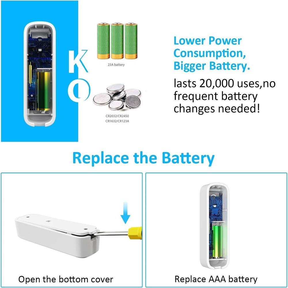 KO 23A battery  
CR2032/CR2450  
CR1632/CR123A  

Lower Power Consumption, Bigger Battery.  
lasts 20,000 uses, no frequent battery changes needed!  

Replace the Battery  
Open the bottom cover  
Replace AAA battery