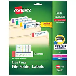 Avery - TrueBlock Laser/Inkjet Extra Large File Folder Labels, 15/16" x 3-7/16" Colors, 450 Labels/Pack - Assorted