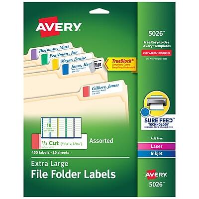 AVERY  
5026  
Extra Large File Folder Labels  
450 labels - 25 sheets  
Assorted  
1/3 Cut (1" x 3")  
Acid Free  
Laser Inkjet  

AVERY  
Free Easy-to-Use Avery-Templates  
avery.com/templates  

TrueBlock  
Completely Covers Everything  

SURE FEED  
Technology  
Guaranteed to Feed Every Time  

Gilbert, James  
Theisman, Matt  
Pearlman, Jan  
Moyar, Denise  
Kew Plan  

5026