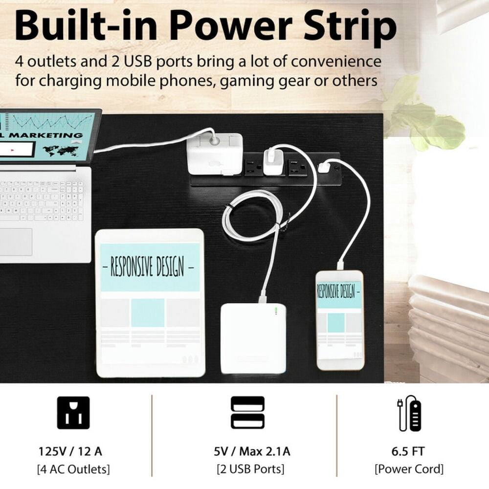 Built-in Power Strip

4 outlets and 2 USB ports bring a lot of convenience for charging mobile phones, gaming gear or others

- RESPONSIVE DESIGN -

125V / 12 A [4 AC Outlets]
5V / Max 2.1A [2 USB Ports]
6.5 FT [Power Cord]