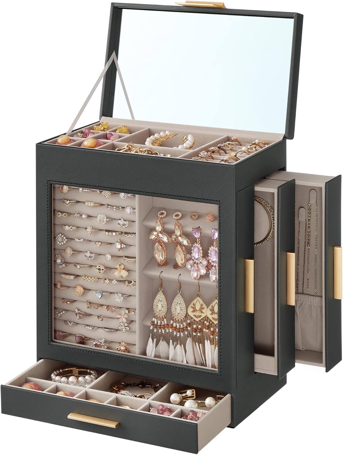Front. Stamp n Camp - SONGMICS Jewelry Box with Glass Window, 5-Layer Jewelry Organizer with 3 Side Drawers, Jewelry Storage, with Big Mirr....