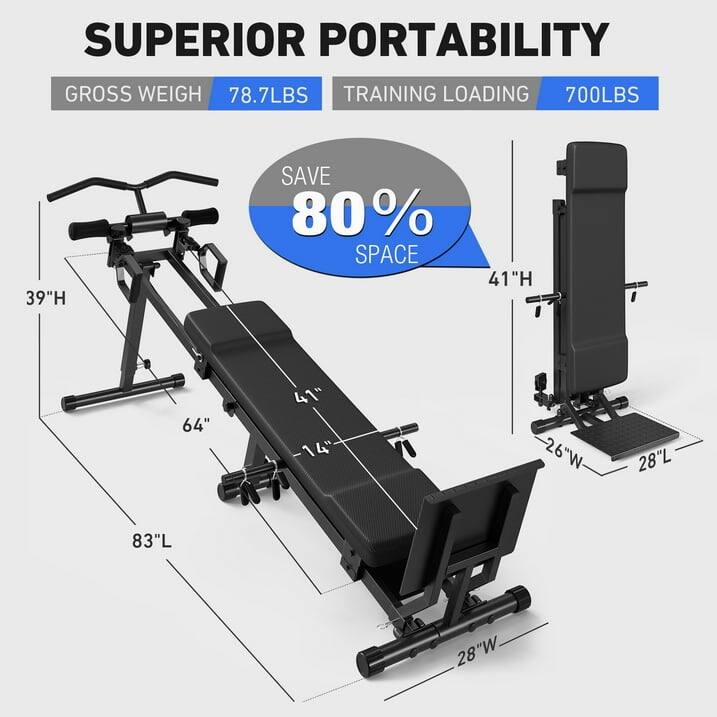 SUPERIOR PORTABILITY
GROSS WEIGH 78.7LBS
TRAINING LOADING 700LBS
SAVE 80% SPACE
39"H
41"H
64"
41"
14
26"W
28L
83"L
28"W