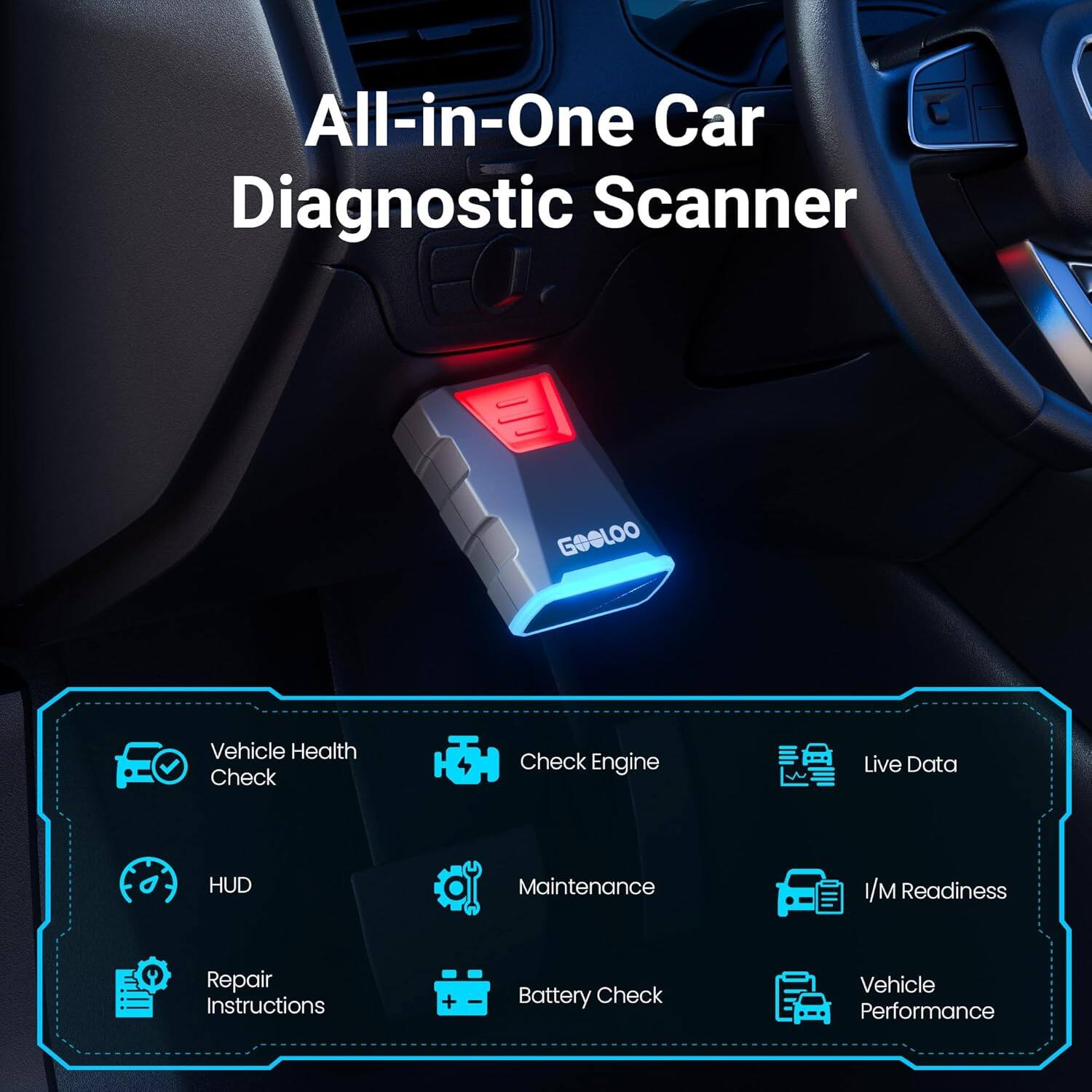 All-in-One Car Diagnostic Scanner

GeGLOO

Vehicle Health Check  
Check Engine  
Live Data  
HUD  
Maintenance  
I/M Readiness  
Repair Instructions  
Battery Check  
Vehicle Performance