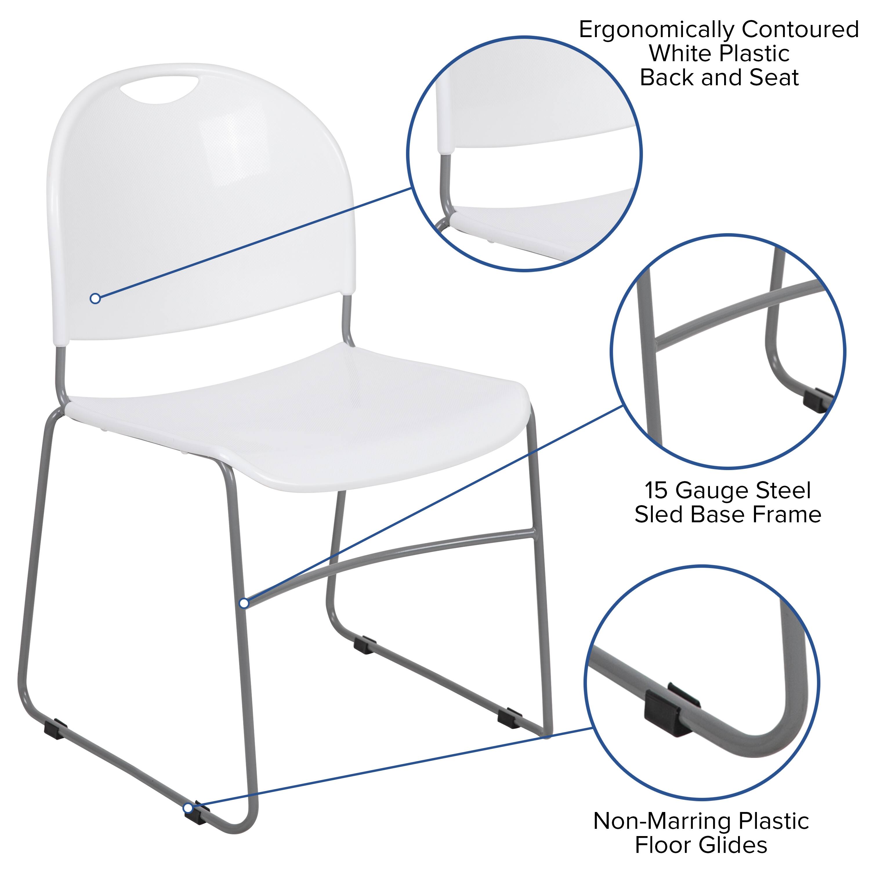 Ergonomically Contoured White Plastic Back and Seat  
15 Gauge Steel Sled Base Frame  
Non-Marring Plastic Floor Glides