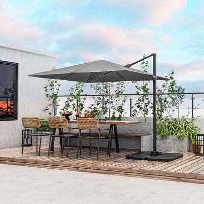 gray cantilever patio umbrella PatioKingdom with Base, Outdoor Large Offset Umbrella 11FT / Beige Made with durable steel ribs and sturdy cross brace that can easily be weighted down with any universal umbrella base weights of your choice 9.5 Feet Square Patio Cantilever