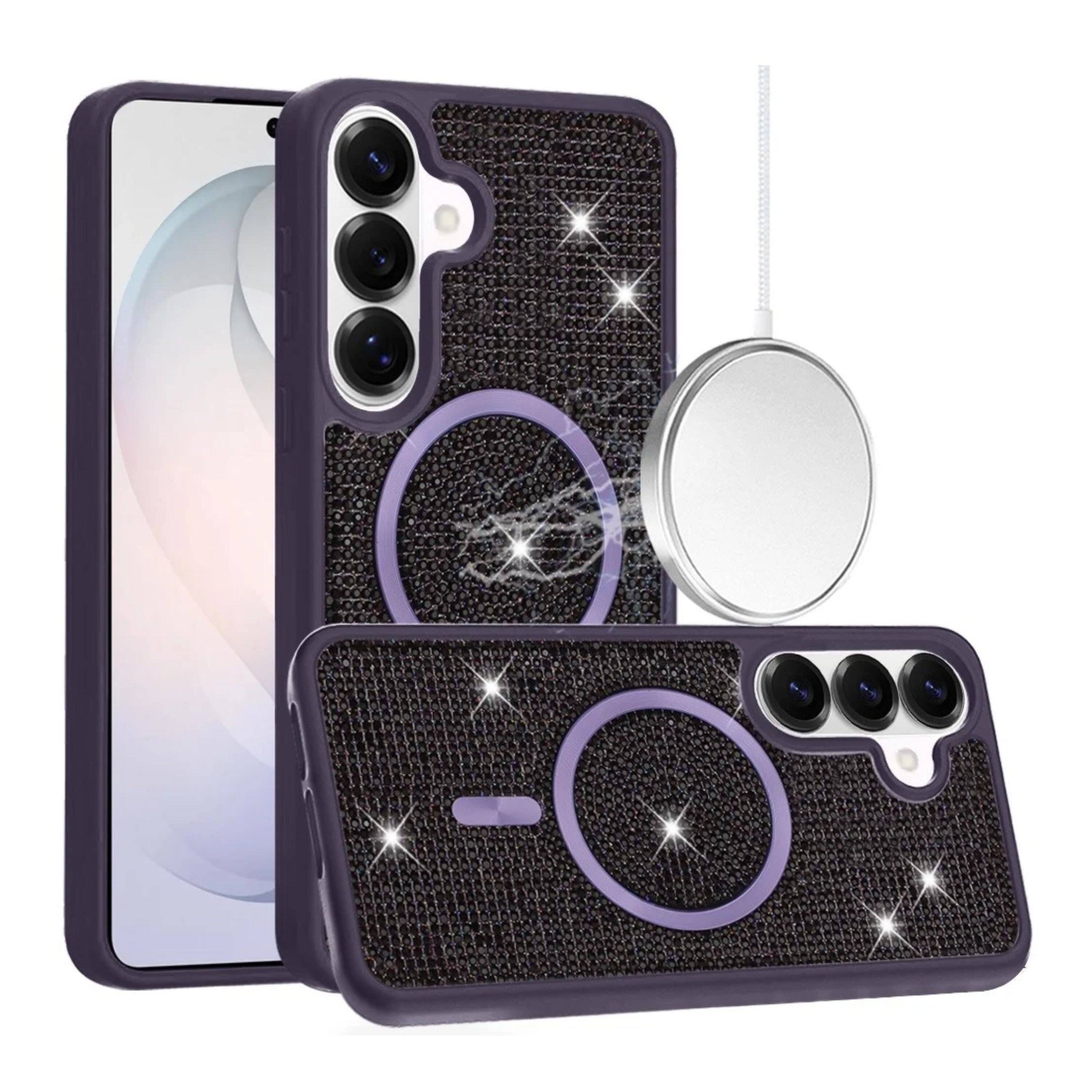 Angle. Kitcheniva - Magnetic Circle Full Dazzle Phone Case With Tempered Glass For Samsung Galaxy S26 Purple - Purple.