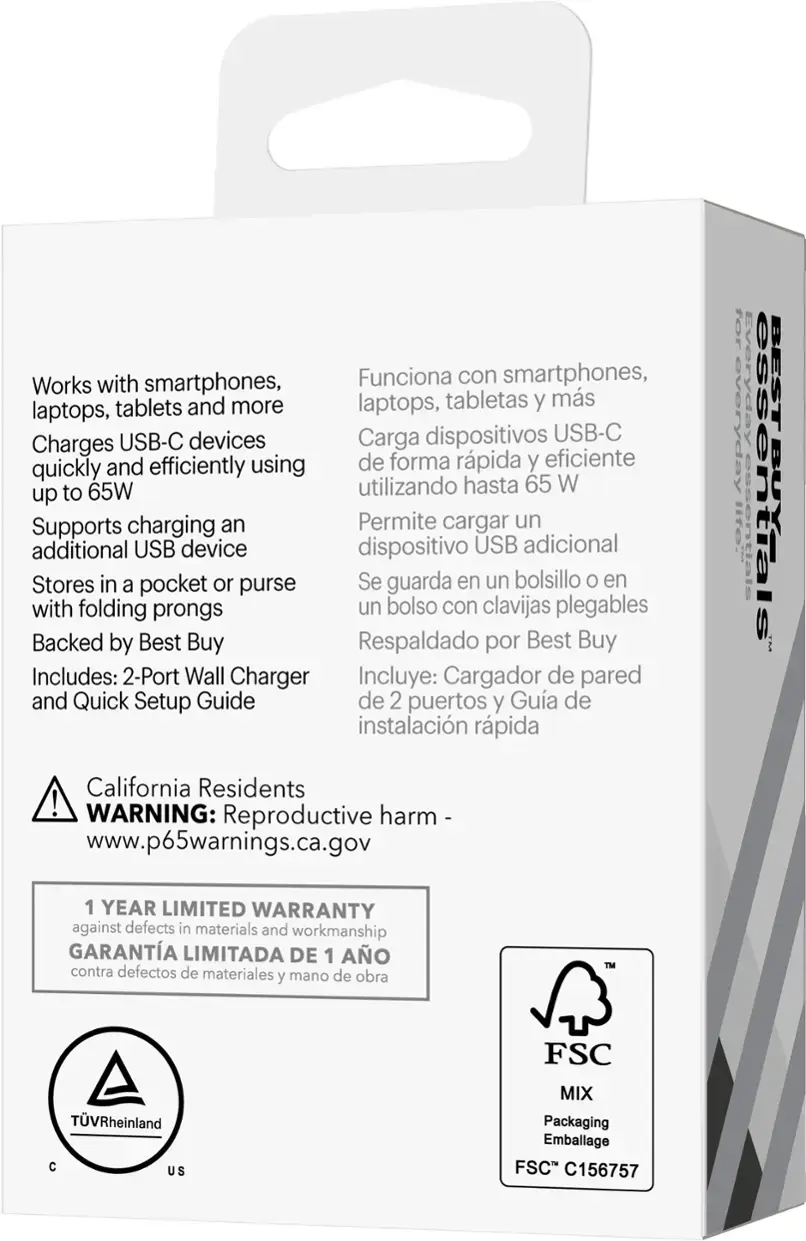 The text on the image can be grouped and corrected as follows:

1. Works with smartphones, tablets, and laptops.
2. USB-C devices.
3. Charges and efficiently uses up to 65W.
4. Supports charging an additional USB device.
5. Stores in a pocket or purse.
6. Backed by Best Buy.
7. Includes: 2-Port Wall Charger and Quick Setup Guide.
8. California Residents! WARNING: Reproductive harm - [www.p65warnings.ca.gov](http://www.p65warnings.ca.gov) for everyday essentials.
9. BEST BUY 1 YEAR LIMITED WARRANTY against defects in materials and workmanship.
10. TM TVRheinland C US FSC MIX Packaging.

The image features a white box with a black background, and the text is written in Spanish.