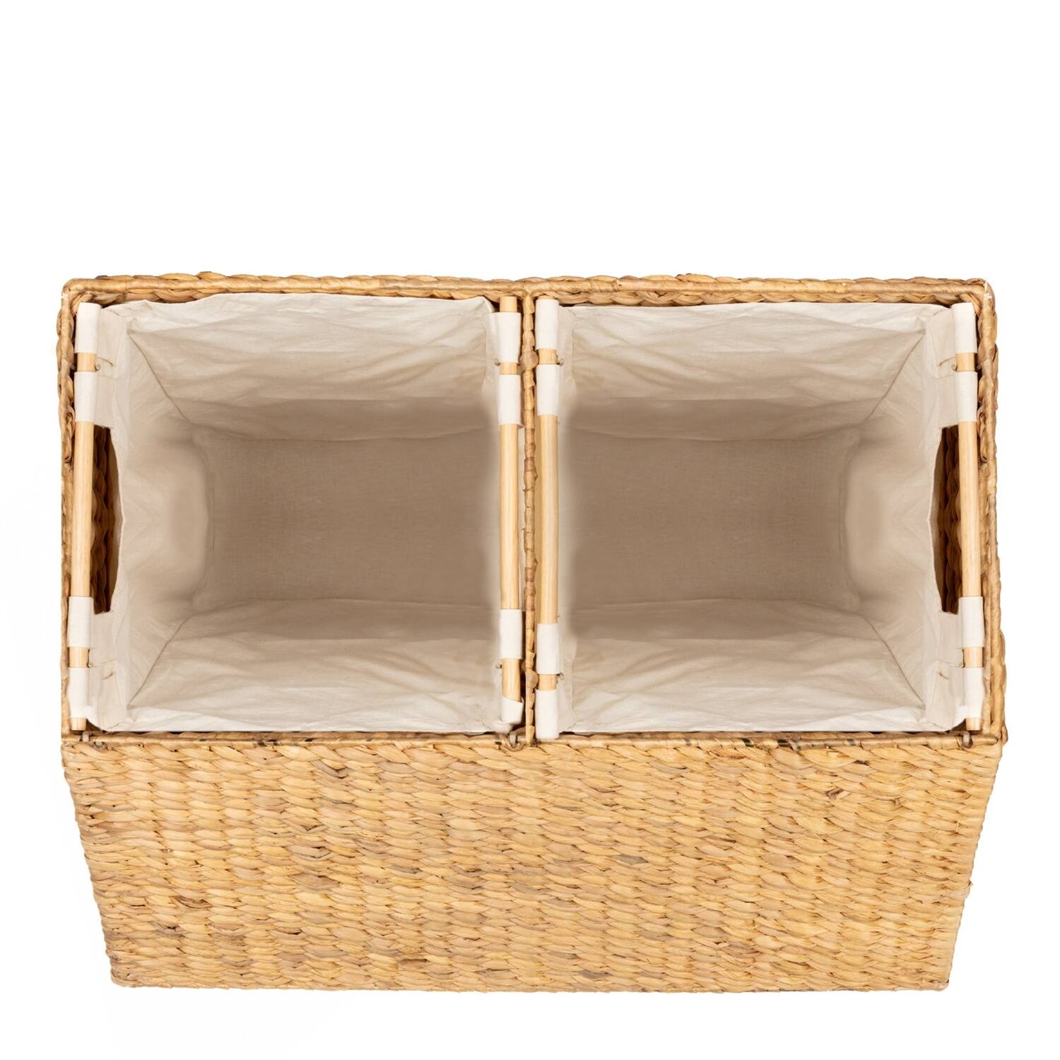 Left. Hivvago - Natural 2-Bin Handwoven Hyacinth Linen Liner Laundry Hamper w/ Handles - Natural.