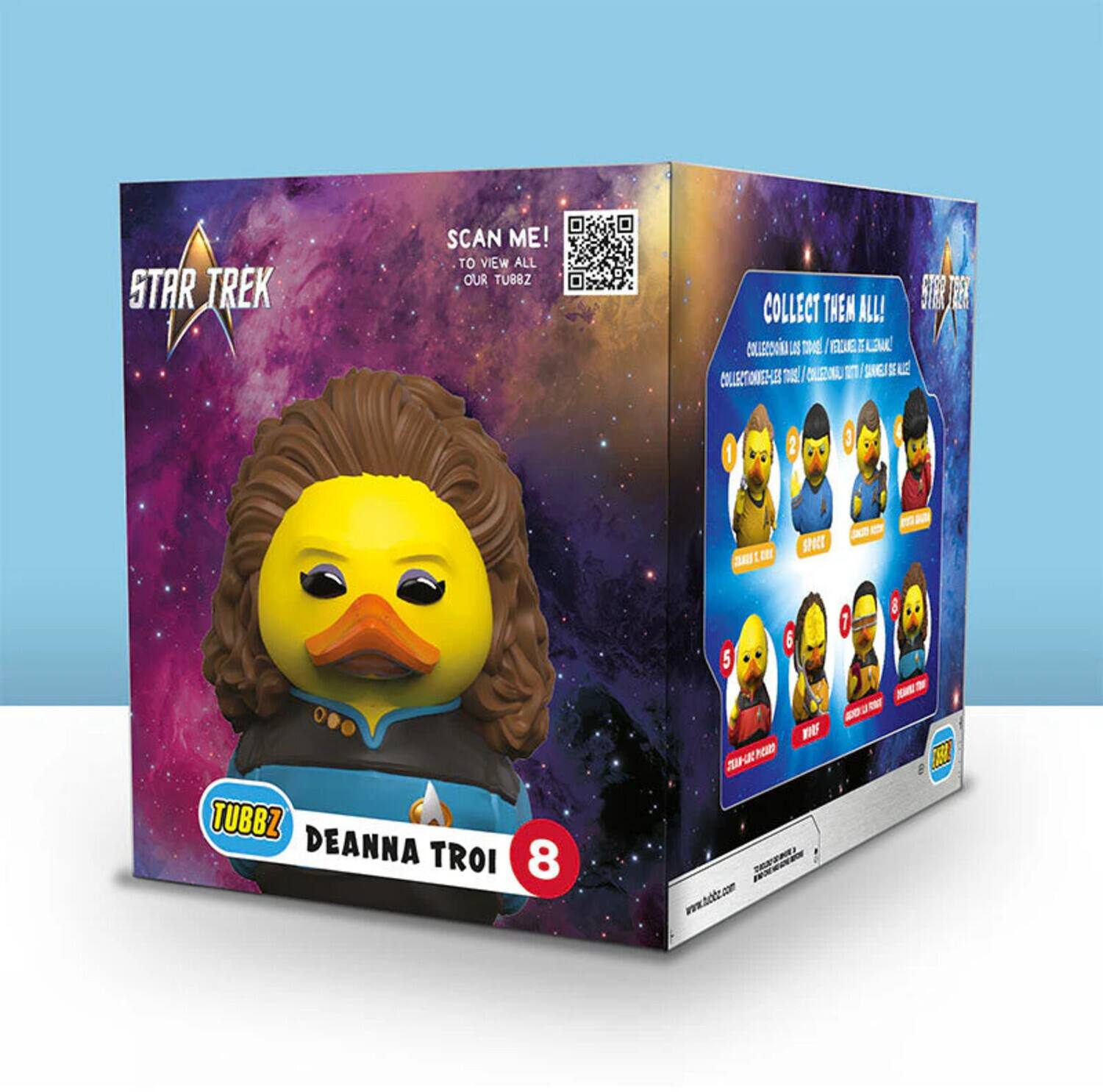 STAR TREK SCAN ME! TO VIEW ALL OUR TUB8Z COLLECT THEM ALL! 5 T BOUERS A TE EDE I LE a OL SIE E L COLECTONEHES 1 2  SPIT 5 6 1 8 TUBBZ DEANNA TROI 8 WO Je POR SIPJC VNR www.tac.com

Corrected text:
"STAR TREK SCAN ME! TO VIEW ALL OUR TUB8Z COLLECT THEM ALL! 5 T BOUERS A TE EDE I LE a OL SIE E L COLECTONEHES 1 2  SPIT 5 6 1 8 TUBBZ DEANNA TROI 8 WO Je POR SIPJC VNR www.tac.com" 

The text seems to be a mix of different languages and possibly a promotional message for Star Trek TUB8Z collectibles.