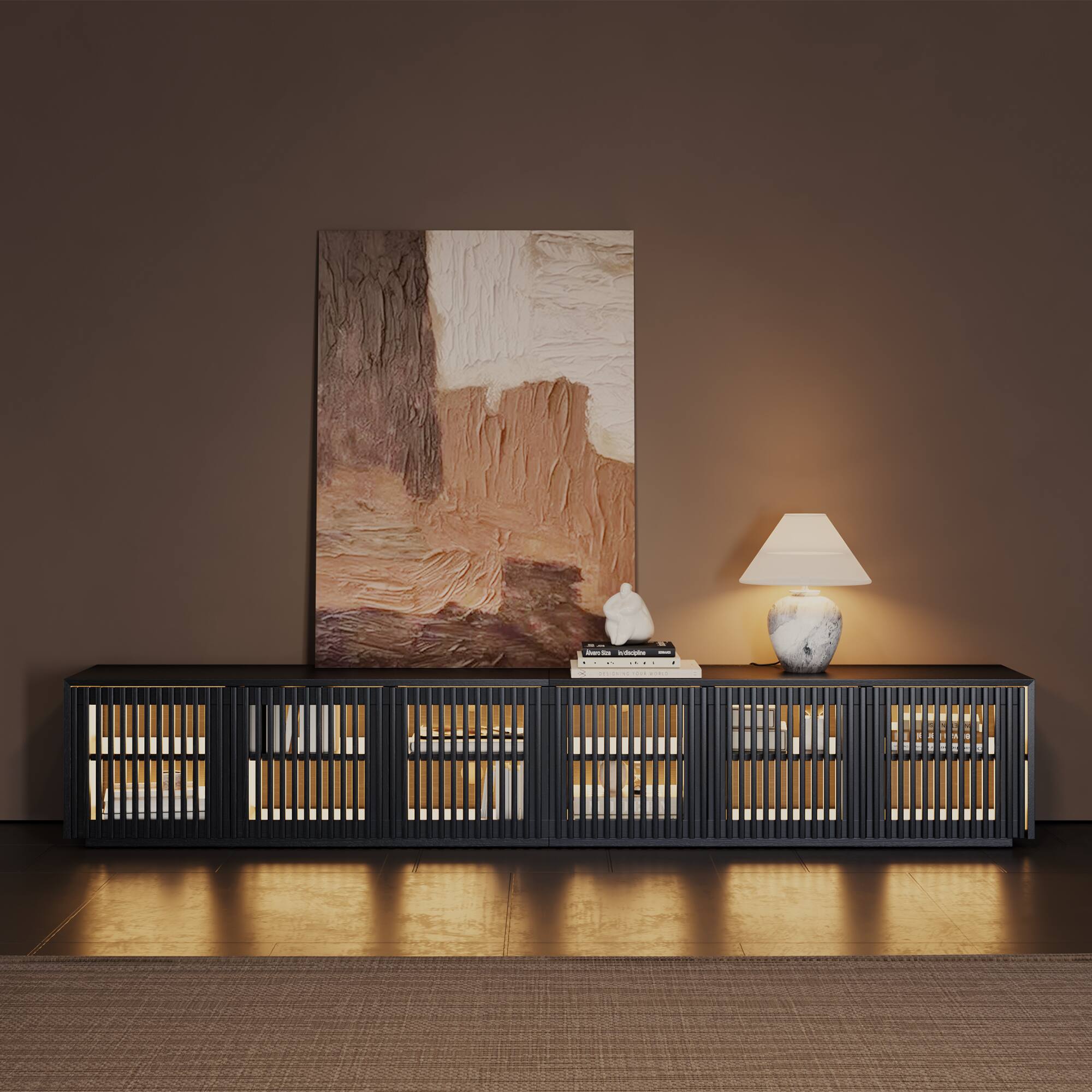 Angle. POVISON - 95" Mid-Century Modern Wood Slatted TV Stand with LED lights，Minimalist Entertainment Center, Perfect for 85-inch TVs - Black.