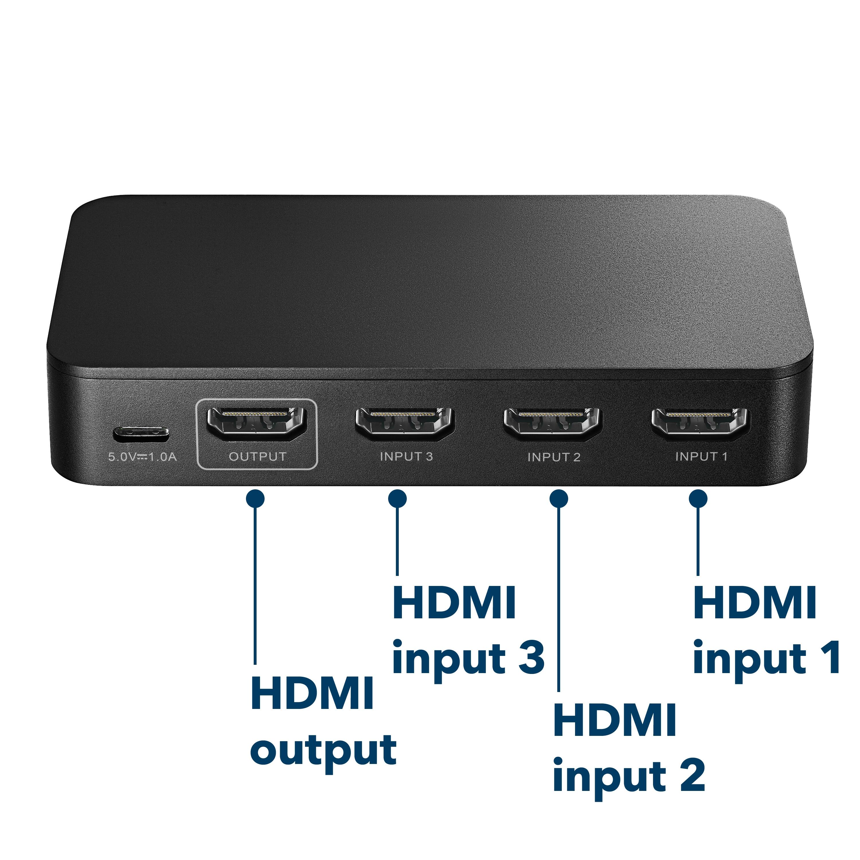 - HDMI output
- HDMI input 1
- HDMI input 2
- HDMI input 3
- 5.0V=1.0A
- OUTPUT
- INPUT 1
- INPUT 2
- INPUT 3