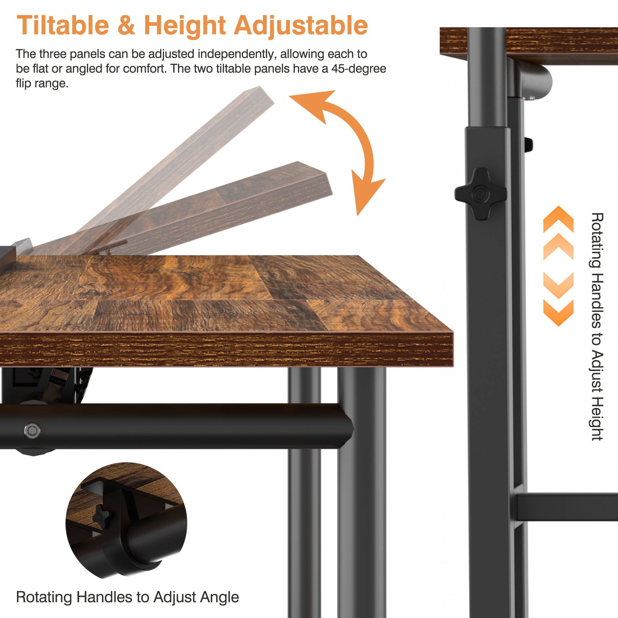 Tilttable & Height Adjustable

The three panels can be adjusted independently, allowing each to be flat or angled for comfort. The two tiltable panels have a 45-degree flip range.

Rotating Handles to Adjust Height

Rotating Handles to Adjust Angle