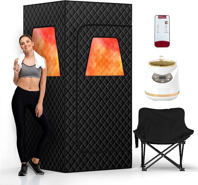 Alt View 4. Essen Blissed - Portable Steam Sauna,Home Sauna Tent with 3L 1500W Steamer,Folding Chair,Remote Control for Spa,Gym,3'x 3'x 5.9’,Black - Black.