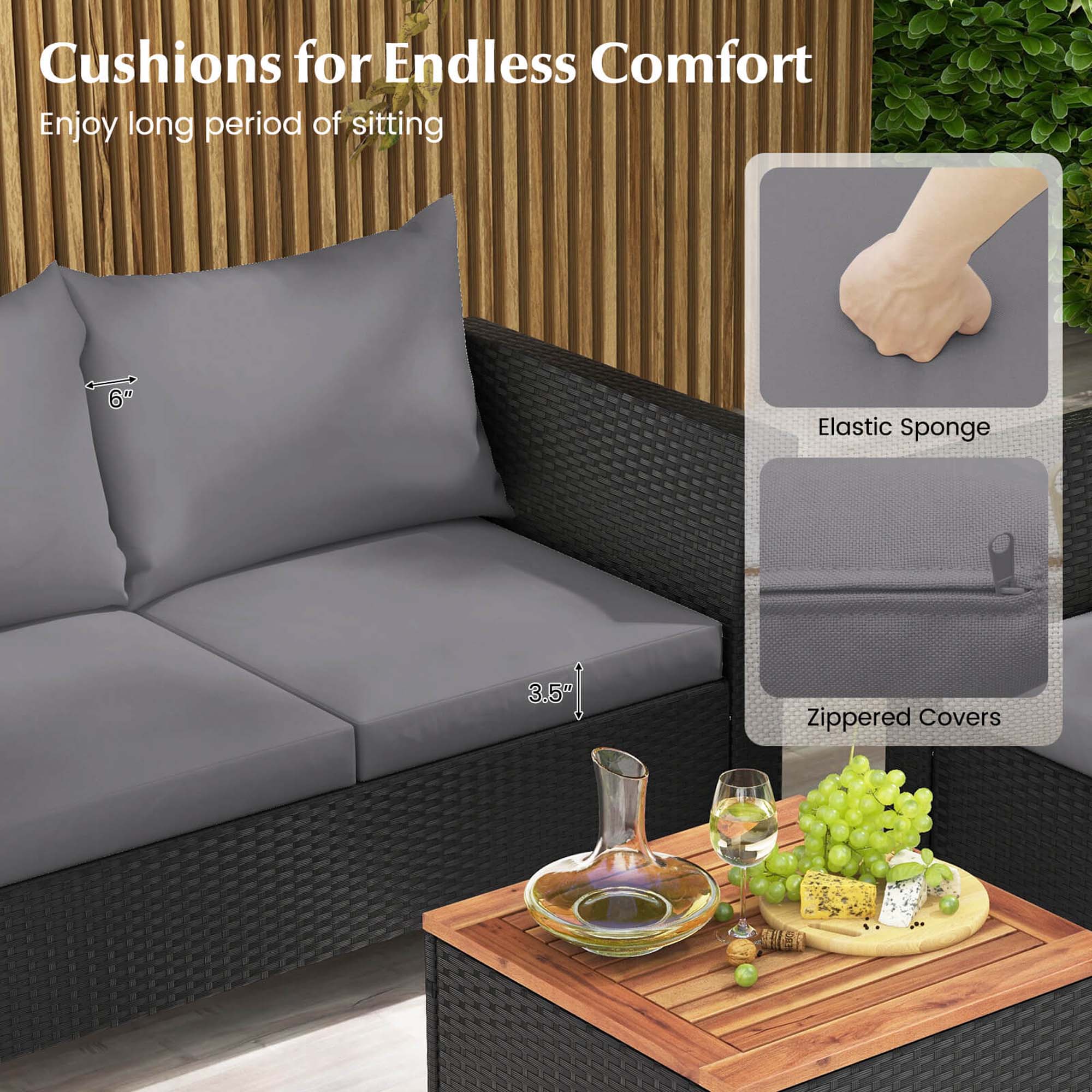 Cushions for Endless Comfort: Enjoy a long period of sitting with these cushions. They come with an elastic sponge and zippered covers for added comfort and durability.