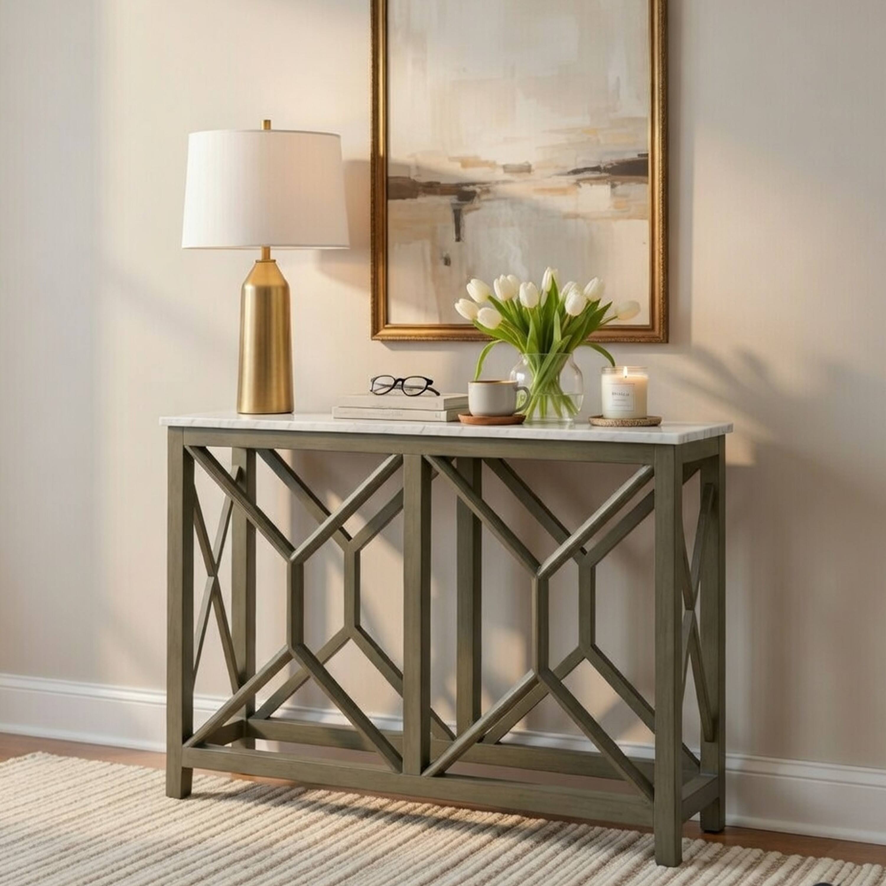 Alt View 10. Manhattan Lane - Agas 41 Inch Sofa Console Table, White Genuine Marble Top, Sandblasted Washed Ash Gray Mango Wood Geometric Frame - White, Ash Gray.
