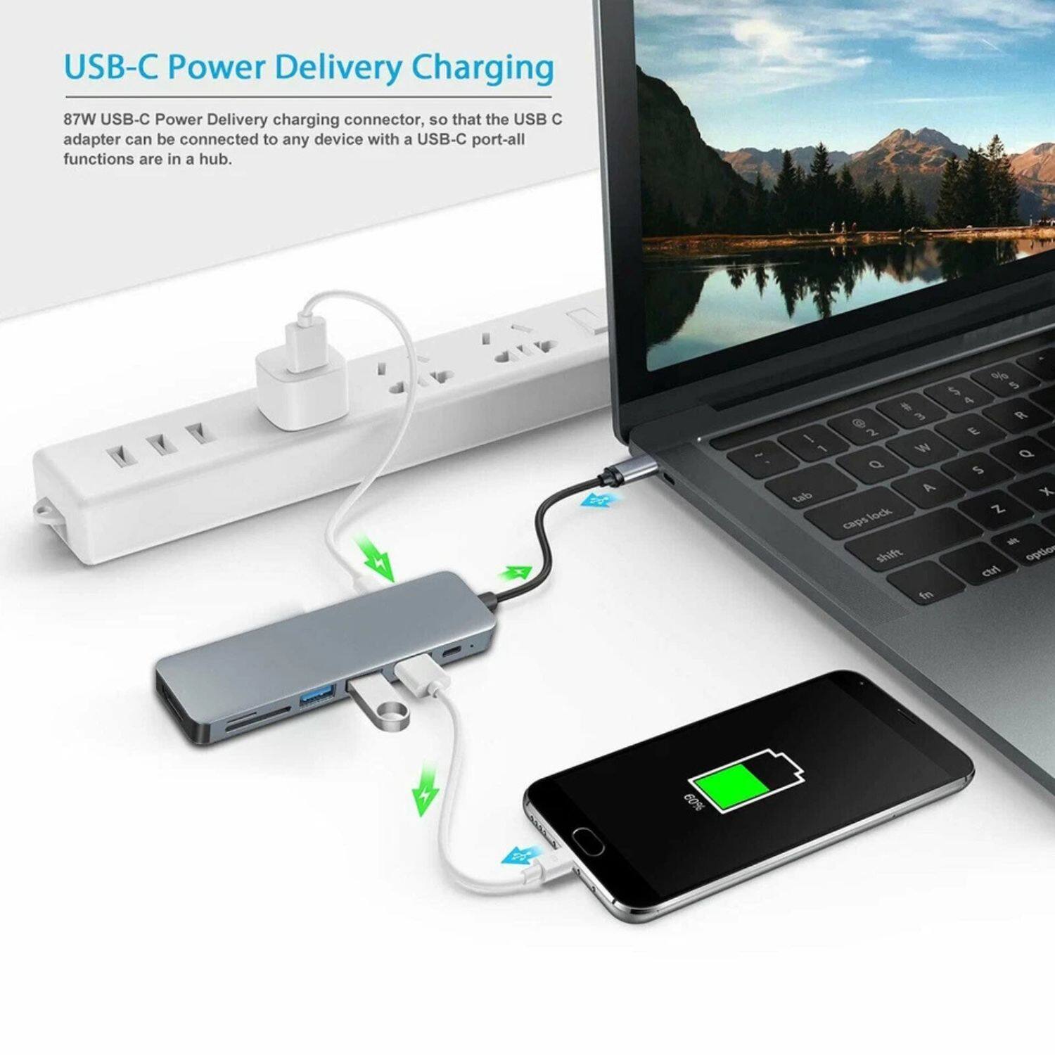 USB-C Power Delivery Charging

87W USB-C Power Delivery charging connector, so that the USB C adapter can be connected to any device with a USB-C port-all functions are in a hub.