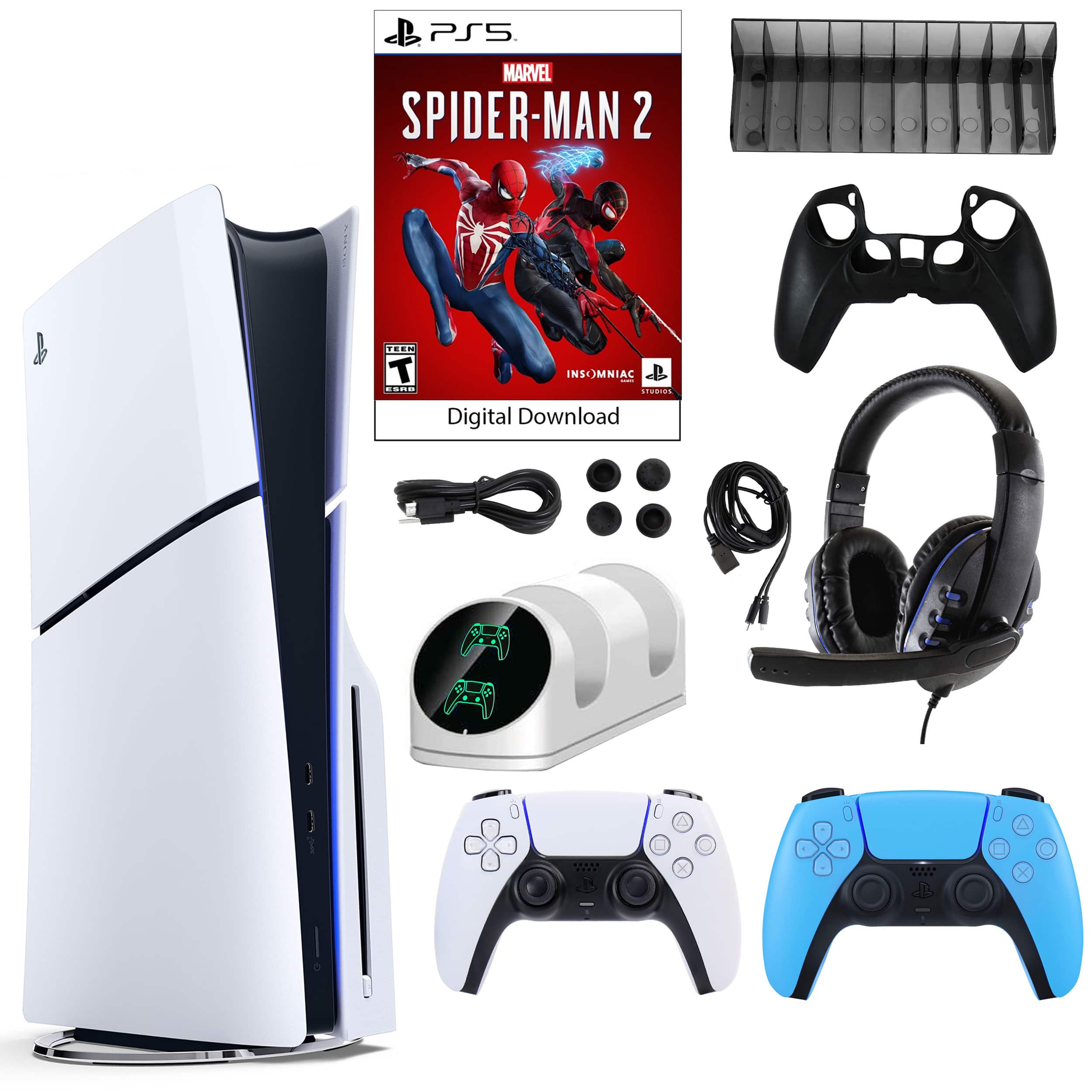PS5 Spider Man 2 Console with Extra Blue Dualsense Controller and Accessories Kit - PlayStation 5
