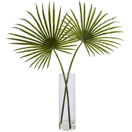 Front. BreeBe - 49" Fan Palm in Cylinder Vase - Green.