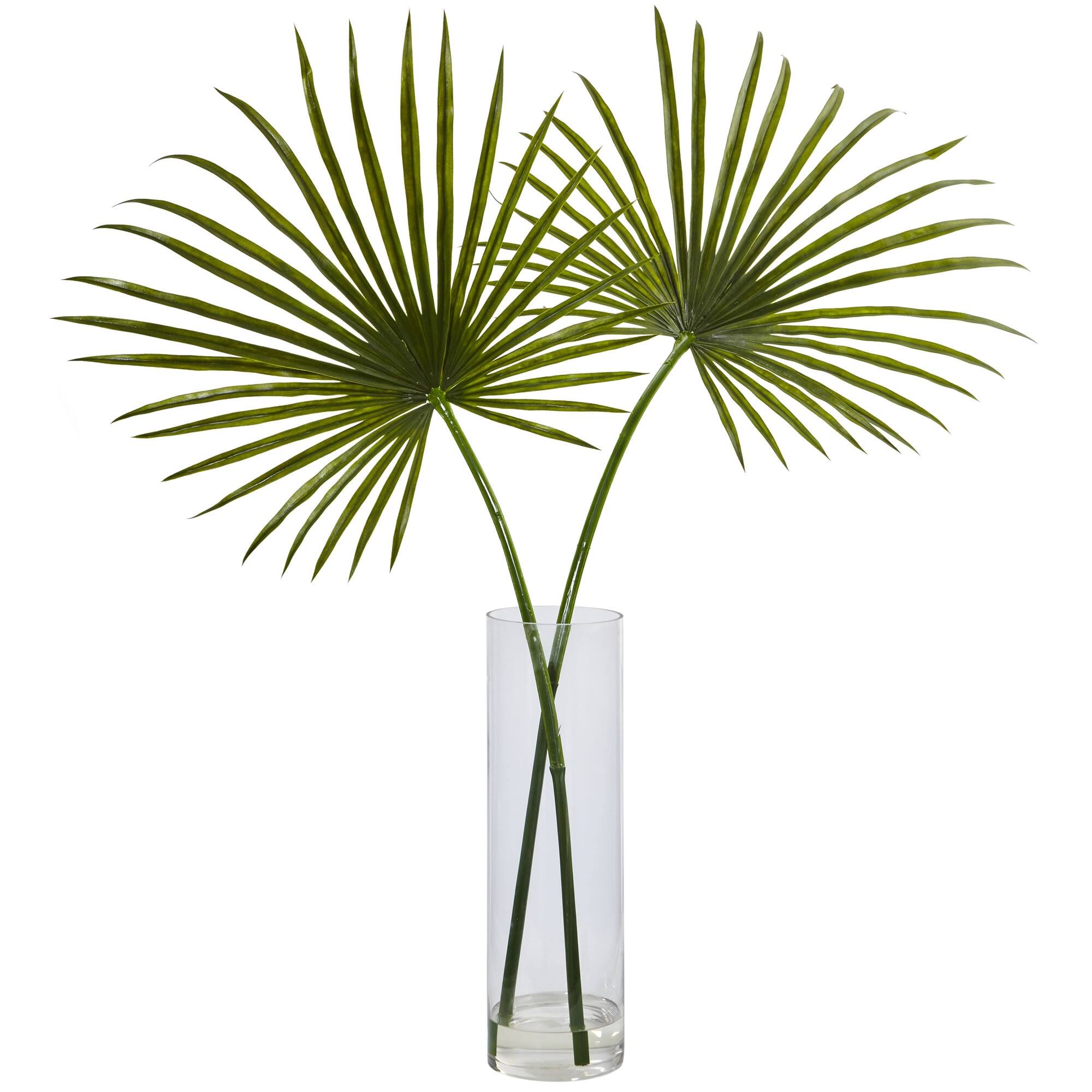Front. BreeBe - 49" Fan Palm in Cylinder Vase - Green.