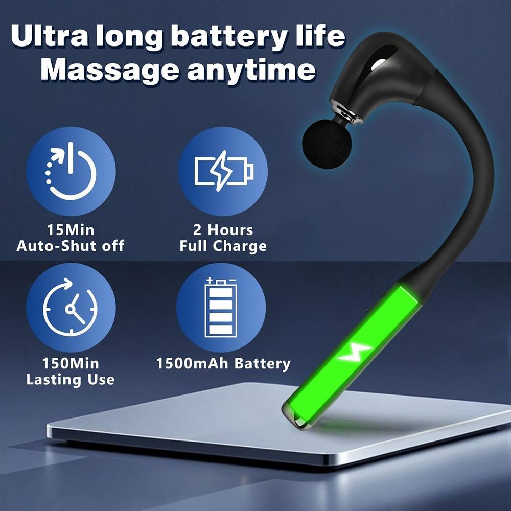 Ultra long battery life  
Massage anytime

- 15Min Auto-Shut off
- 2 Hours Full Charge
- 150Min Lasting Use
- 1500mAh Battery