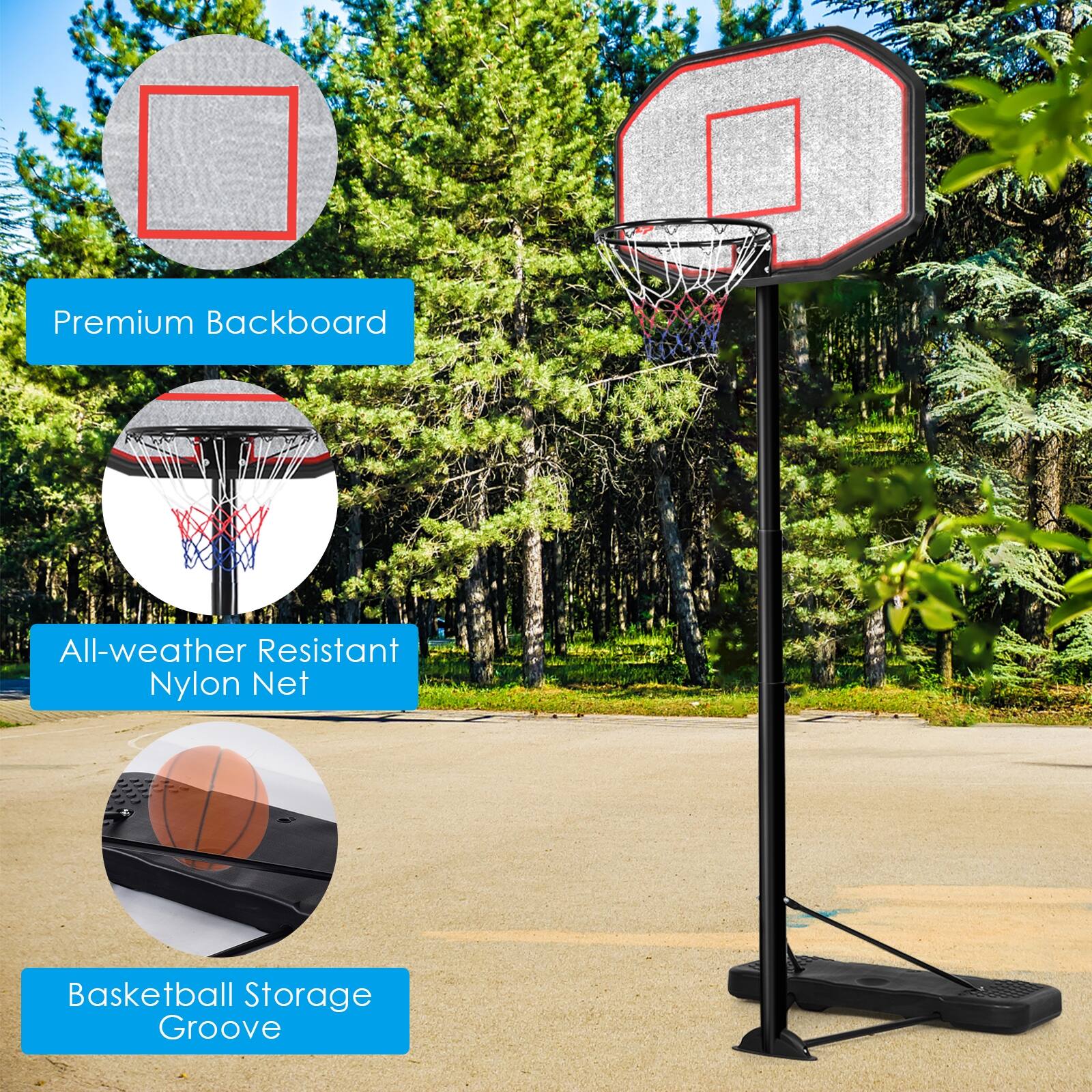 Premium Backboard  
All-weather Resistant Nylon Net  
Basketball Storage Groove