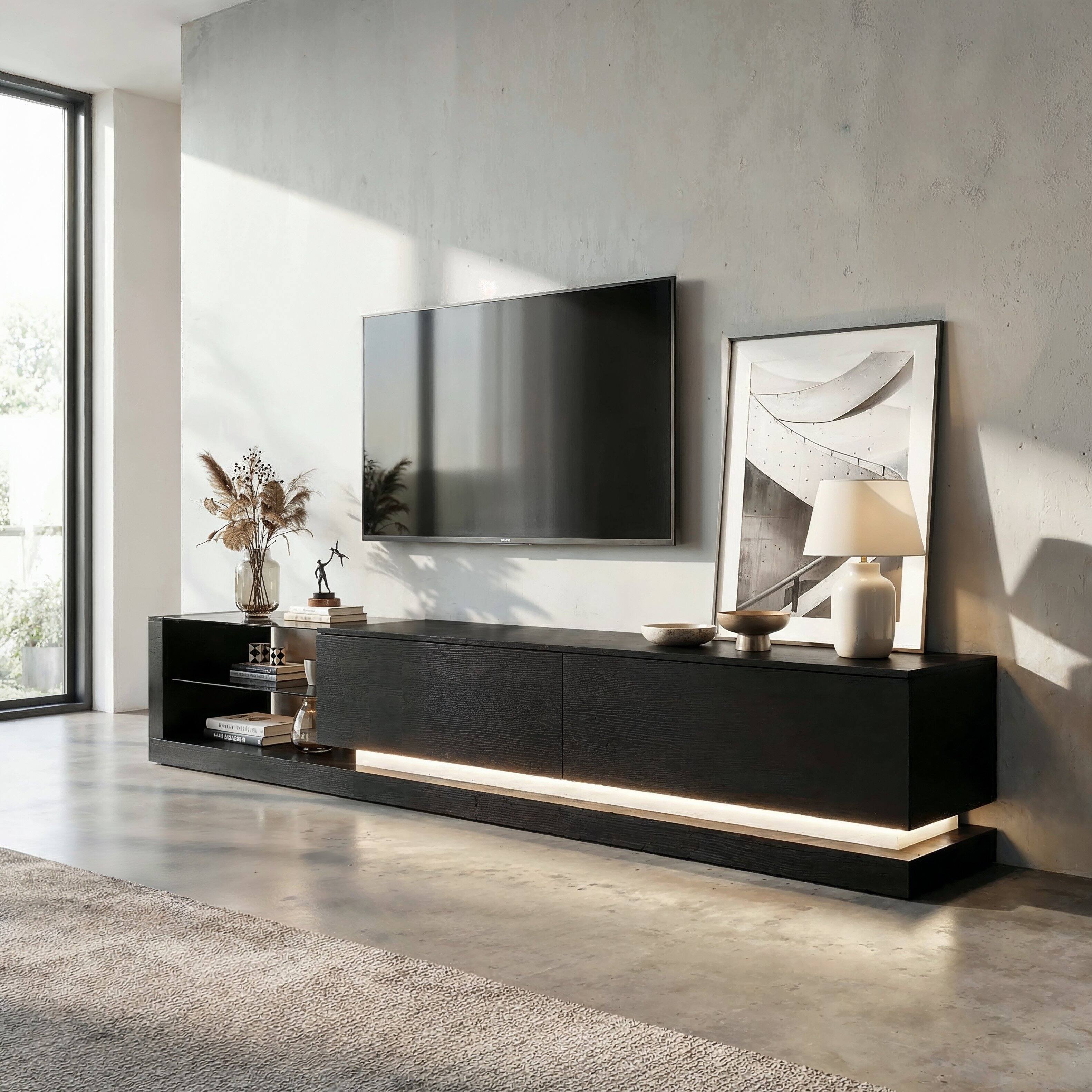 Alt View 2. Famapy - Modern 89" Floating TV Stand with LED Lights, Tempered Glass Shelves, Media Console for 75 Inch TVs - Black.