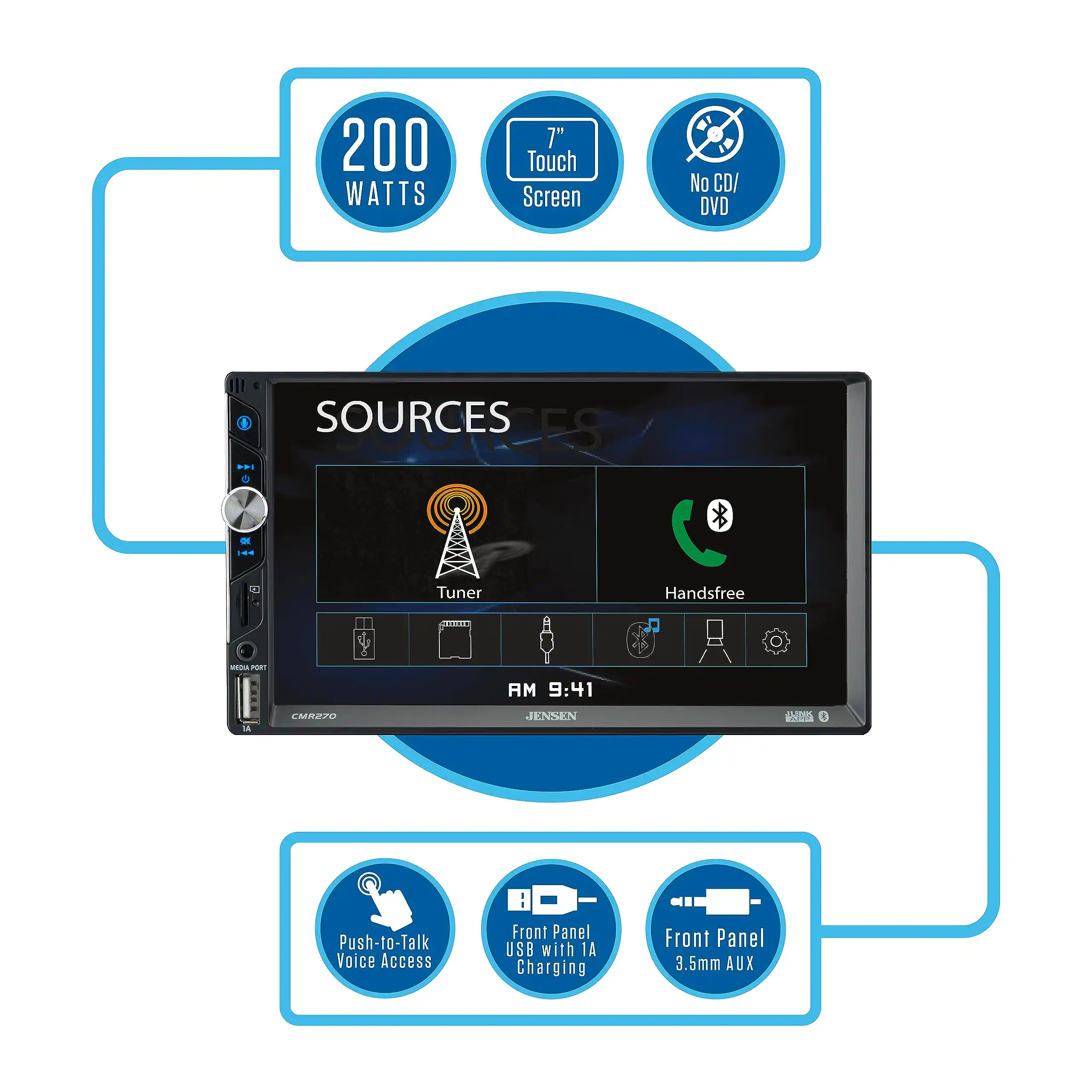SOURCES
200 WATTS
7" Touch Screen
No CD/DVD
Push-to-Talk Voice Access
Front Panel USB with 1A Charging
Front Panel 3.5mm AUX
Tuner
Handsfree
AM 9:41
CMR270
JENSEN