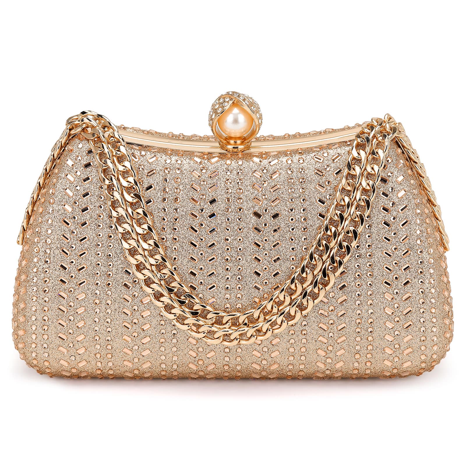 Unique Bargains - Rhinestone Glitter Clutch Purse for Women, Sequin Evening Bag with Pearl Sparkly Wedding Handbag for Bride Party - Champagne