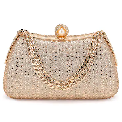 Front. Unique Bargains - Rhinestone Glitter Clutch Purse for Women, Sequin Evening Bag with Pearl Sparkly Wedding Handbag for Bride Party - Champagne.