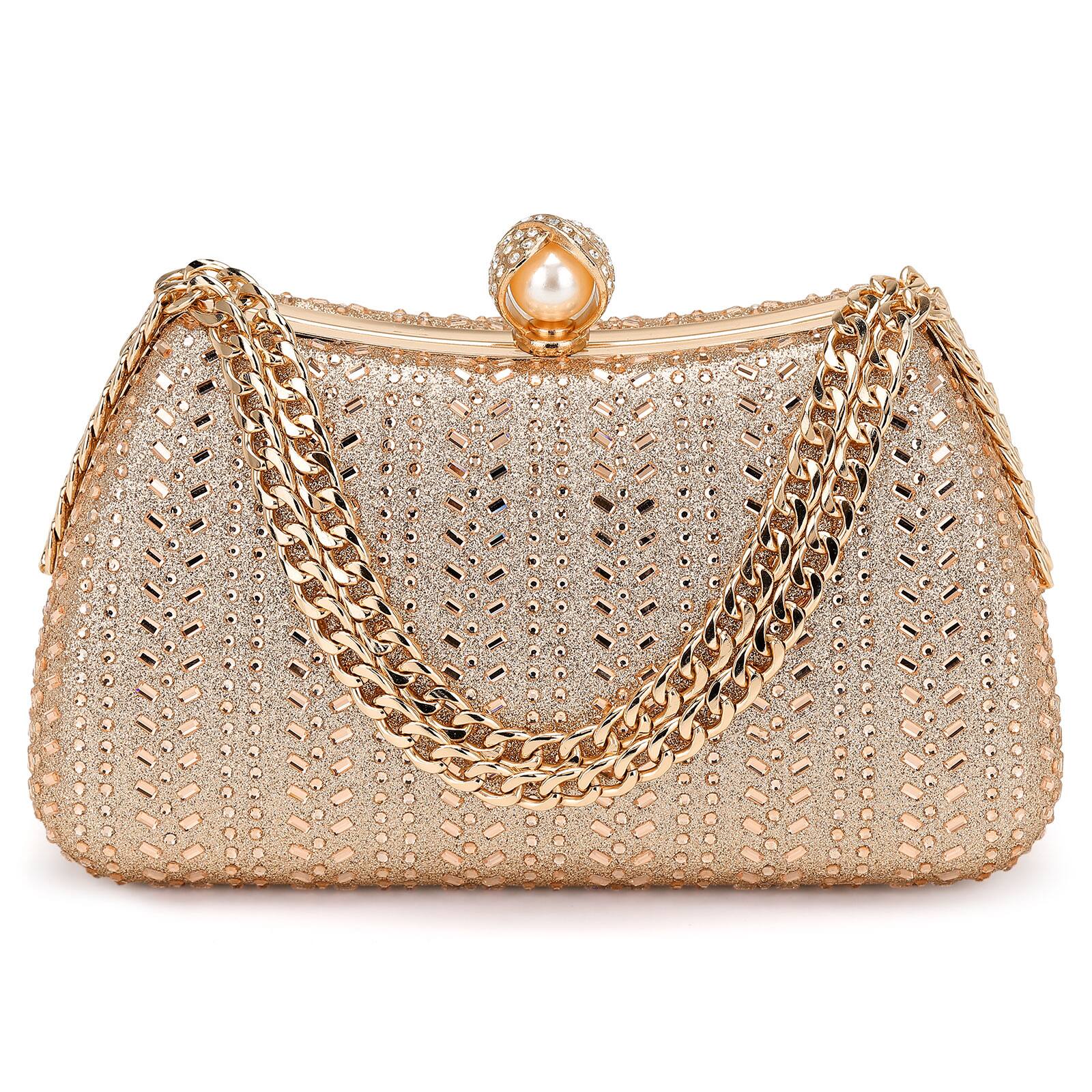 Front. Unique Bargains - Rhinestone Glitter Clutch Purse for Women, Sequin Evening Bag with Pearl Sparkly Wedding Handbag for Bride Party - Champagne.