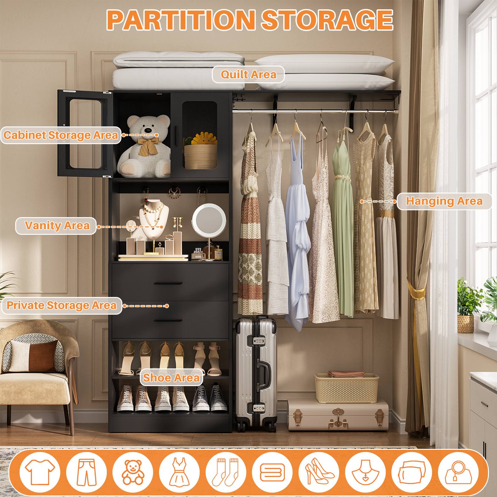 PARTITION STORAGE

- Quilt Area
- Cabinet Storage Area
- Vanity Area
- Private Storage Area
- Shoe Area
- Hanging Area