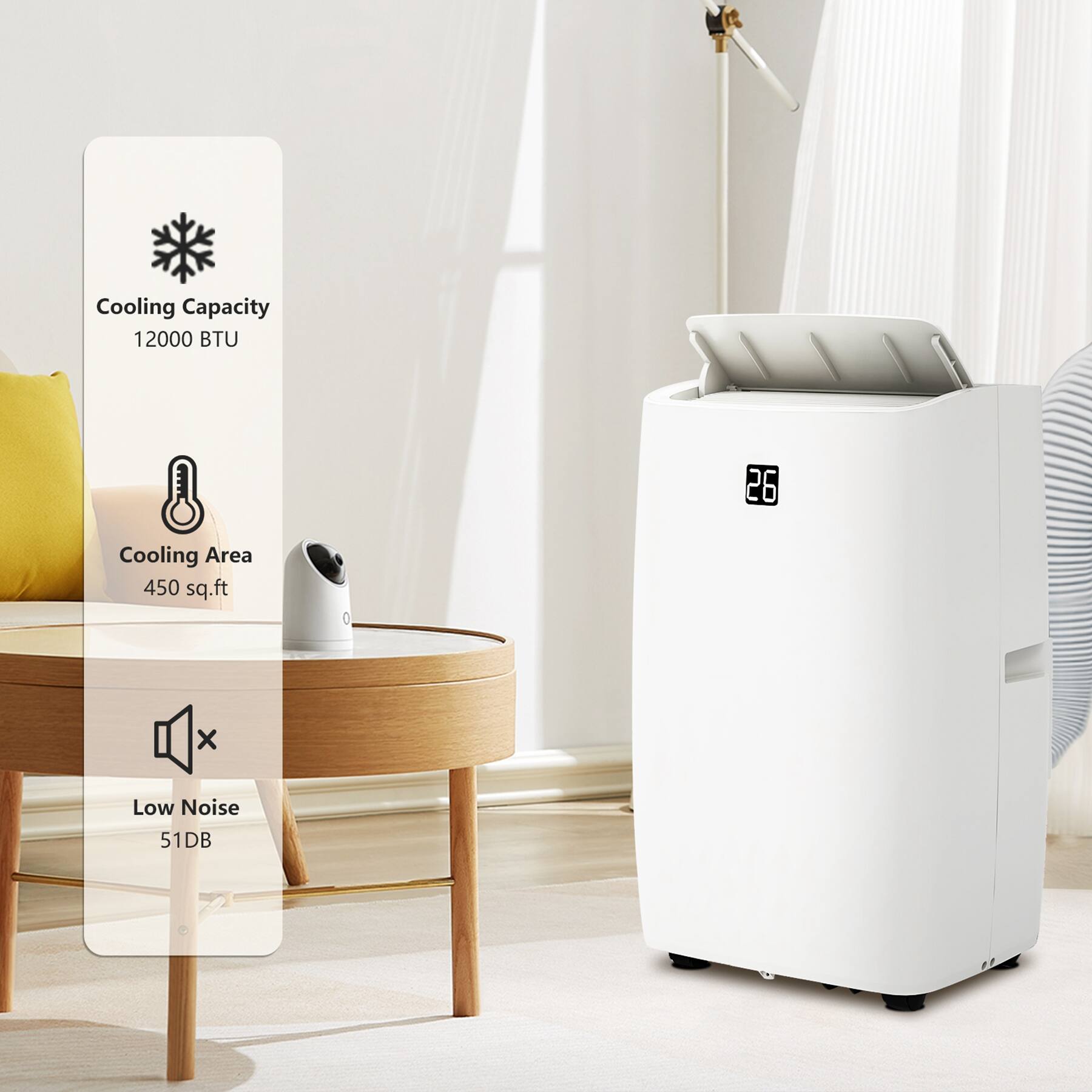 Cooling Capacity: 12000 BTU  
Cooling Area: 450 sq.ft  
Low Noise: 51dB