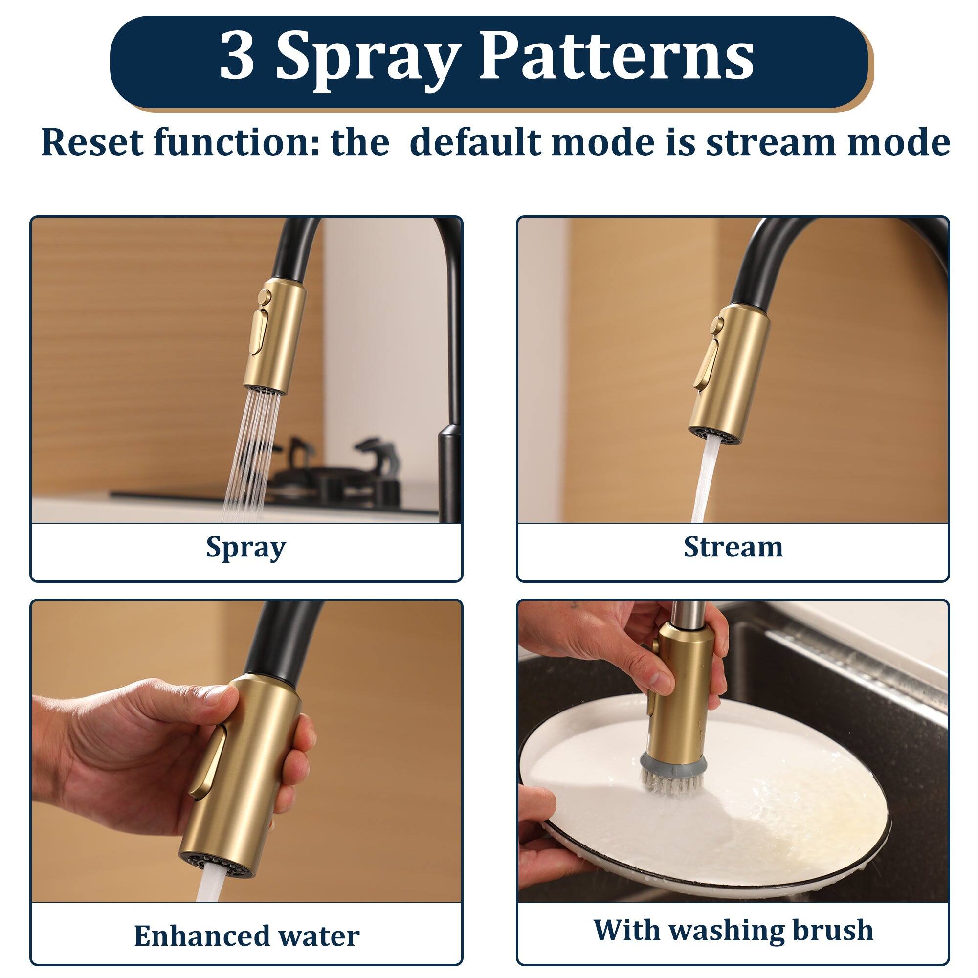 3 Spray Patterns
Reset function: the default mode is stream mode
Spray
Stream
Enhanced water
With washing brush