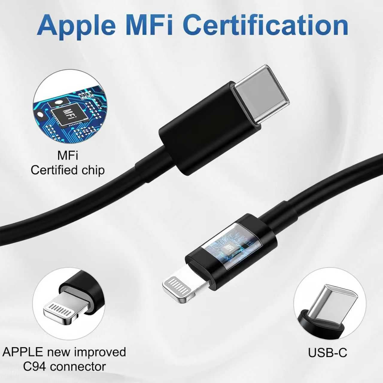 Apple MFi Certification

MFi Certified chip

APPLE new improved C94 connector

USB-C