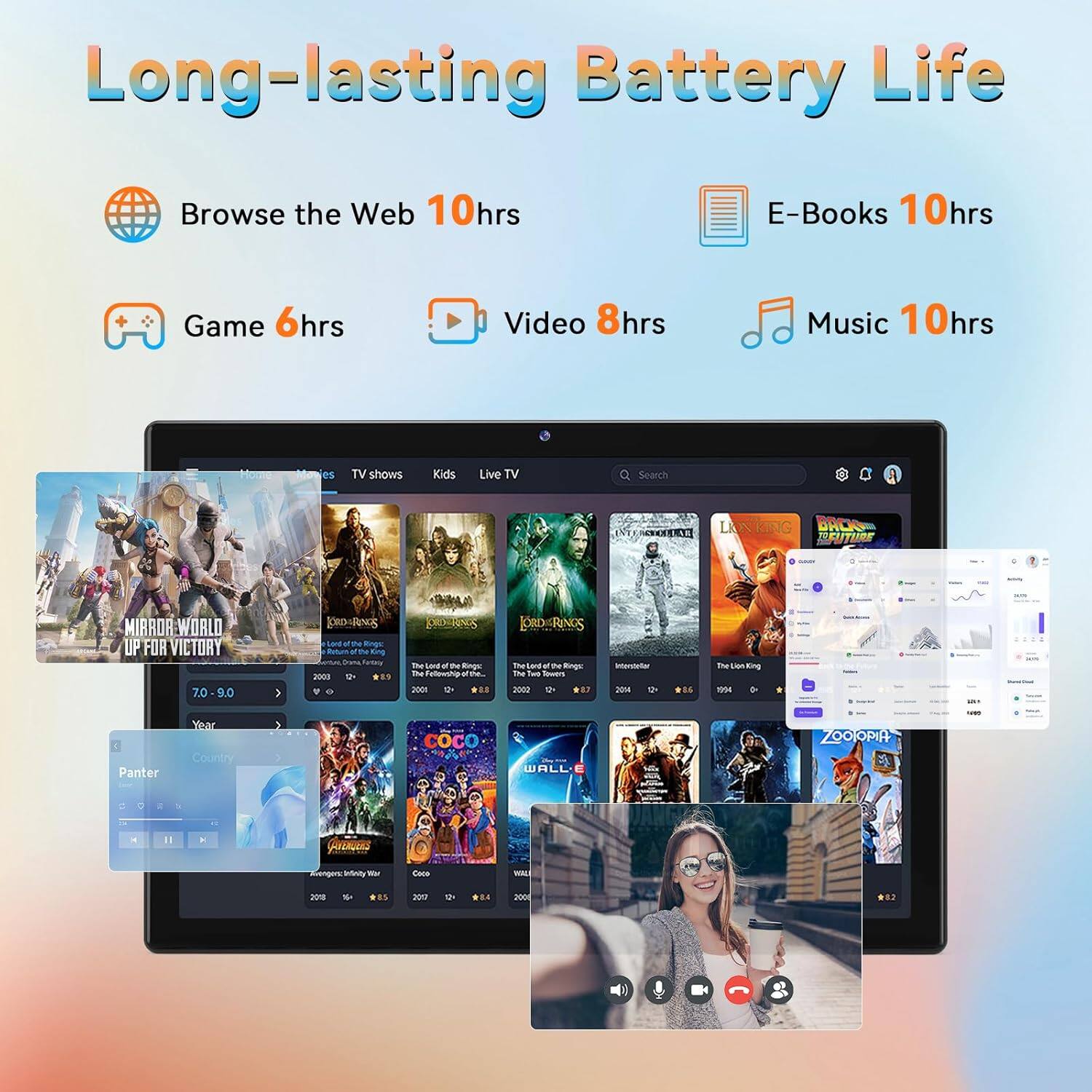 Long-lasting Battery Life

- Browse the Web 10hrs
- E-Books 10hrs
- Game 6hrs
- Video 8hrs
- Music 10hrs

TV shows Kids Live TV

Search

Mirror World UP FOR VICTORY

7.0-9.0

Panther

JORDHERINOS

ZOOPIA

Adventures
