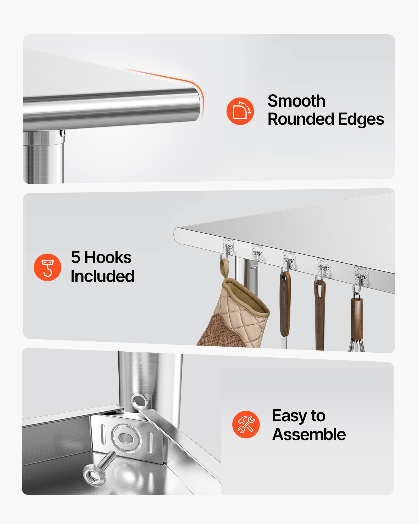 Smooth Rounded Edges  
5 Hooks Included  
Easy to Assemble