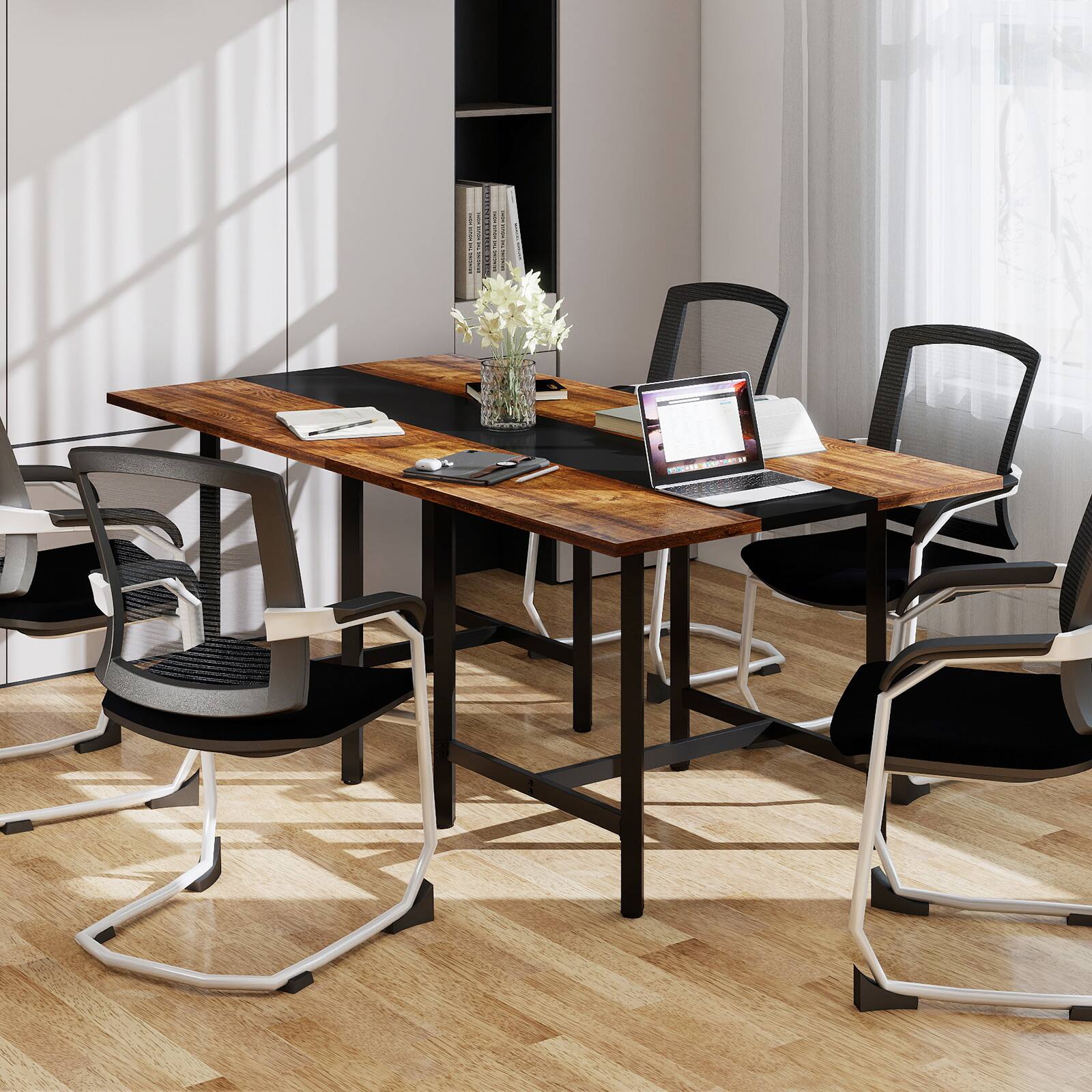 Alt View 3. Costway - Costway 1 PCS 39.5" Square Conference Table with Thickened Tabletop & Heavy-duty Metal Frame - Rustic Brown + Black.